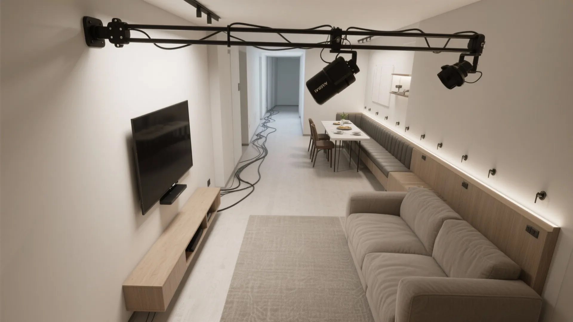 Top-down view of a corner TV layout with swivel viewing angles to sofa and dining.