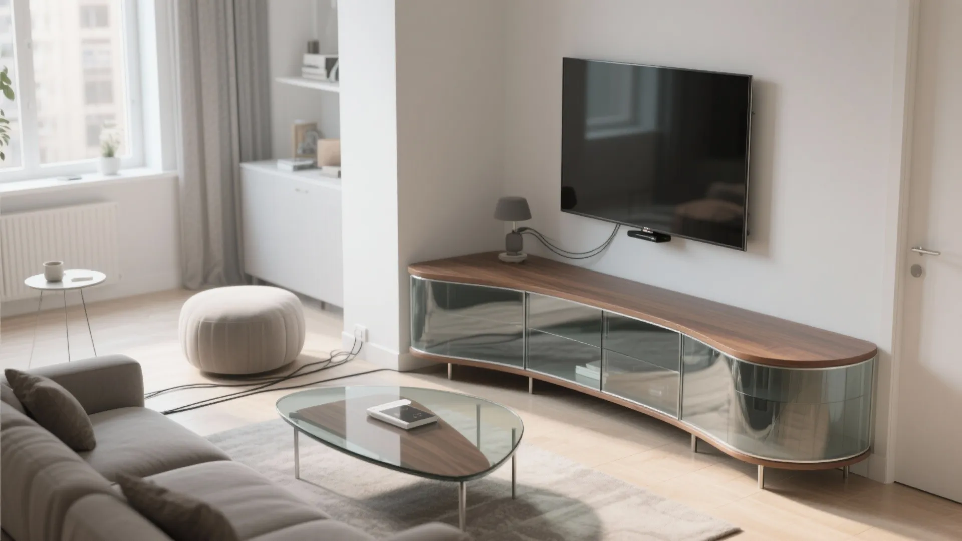5) Corner Glass TV Unit for Compact Living Rooms