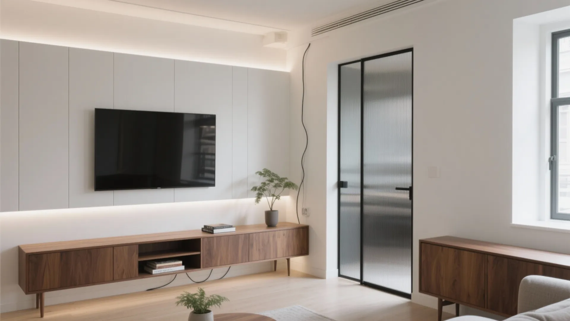 Modern living room with wall mounted television wooden cabinet glass door and warm hidden lighting design