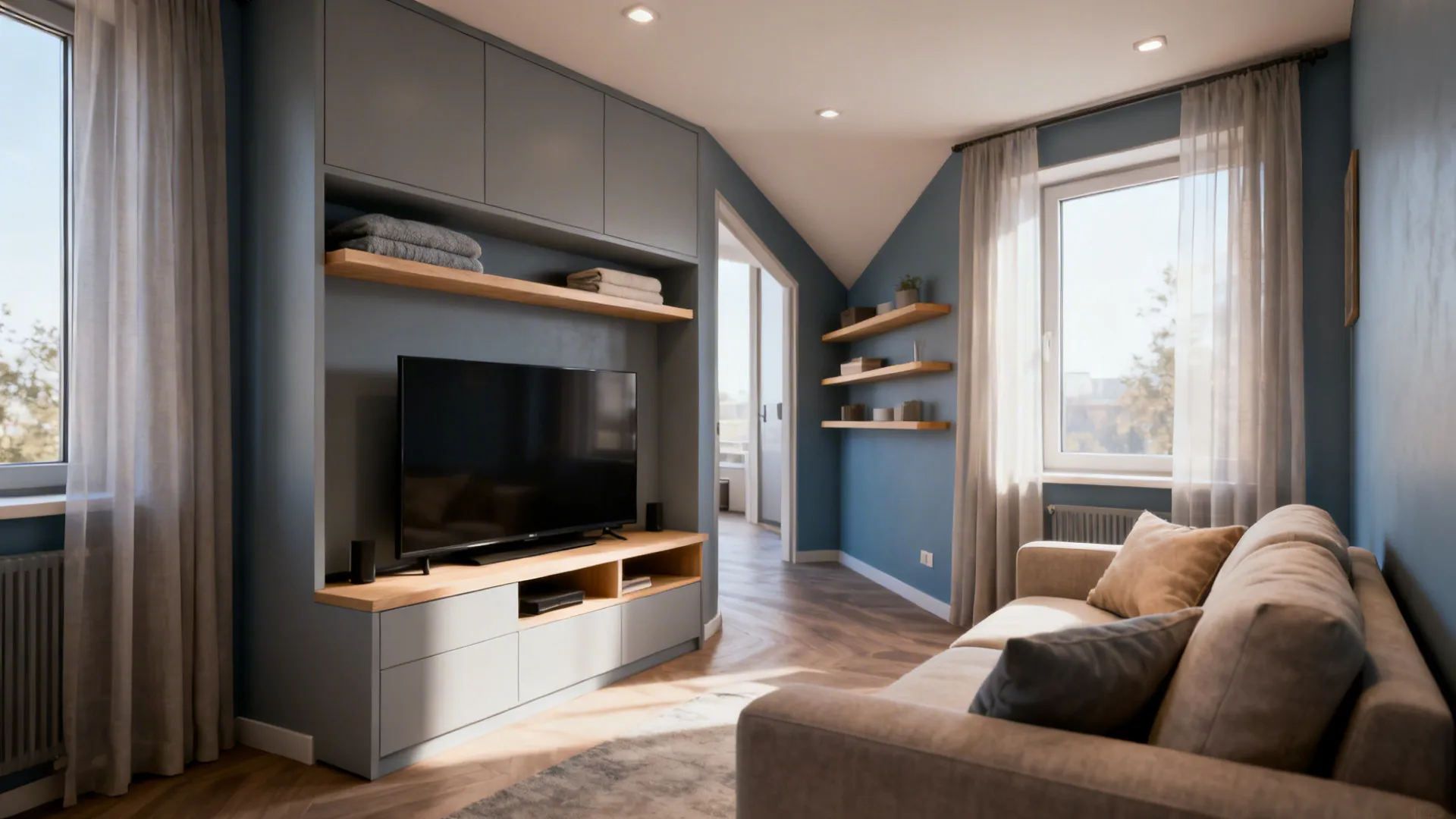 Corner TV unit in a compact living room optimizing walking path and viewing angles.