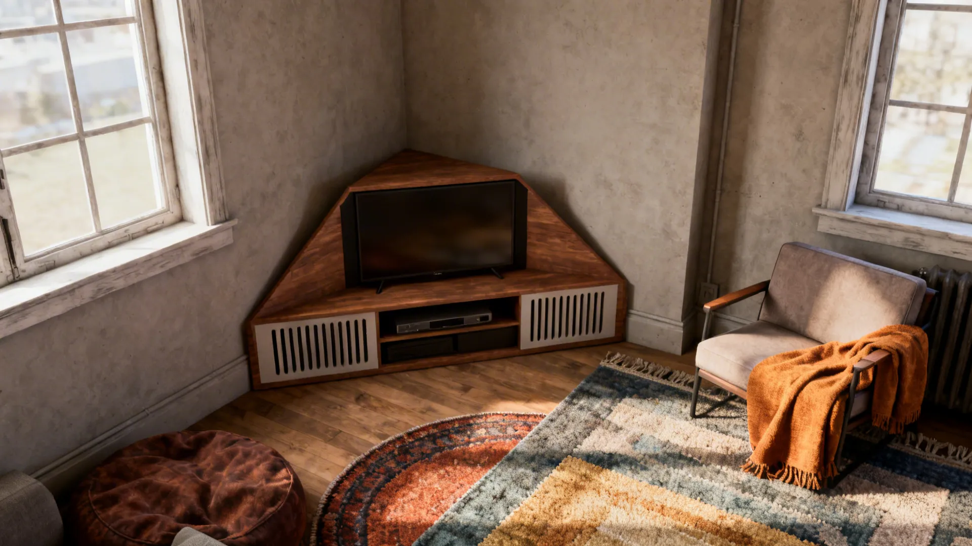 Corner TV unit in a small studio reclaiming unused space with seating nearby