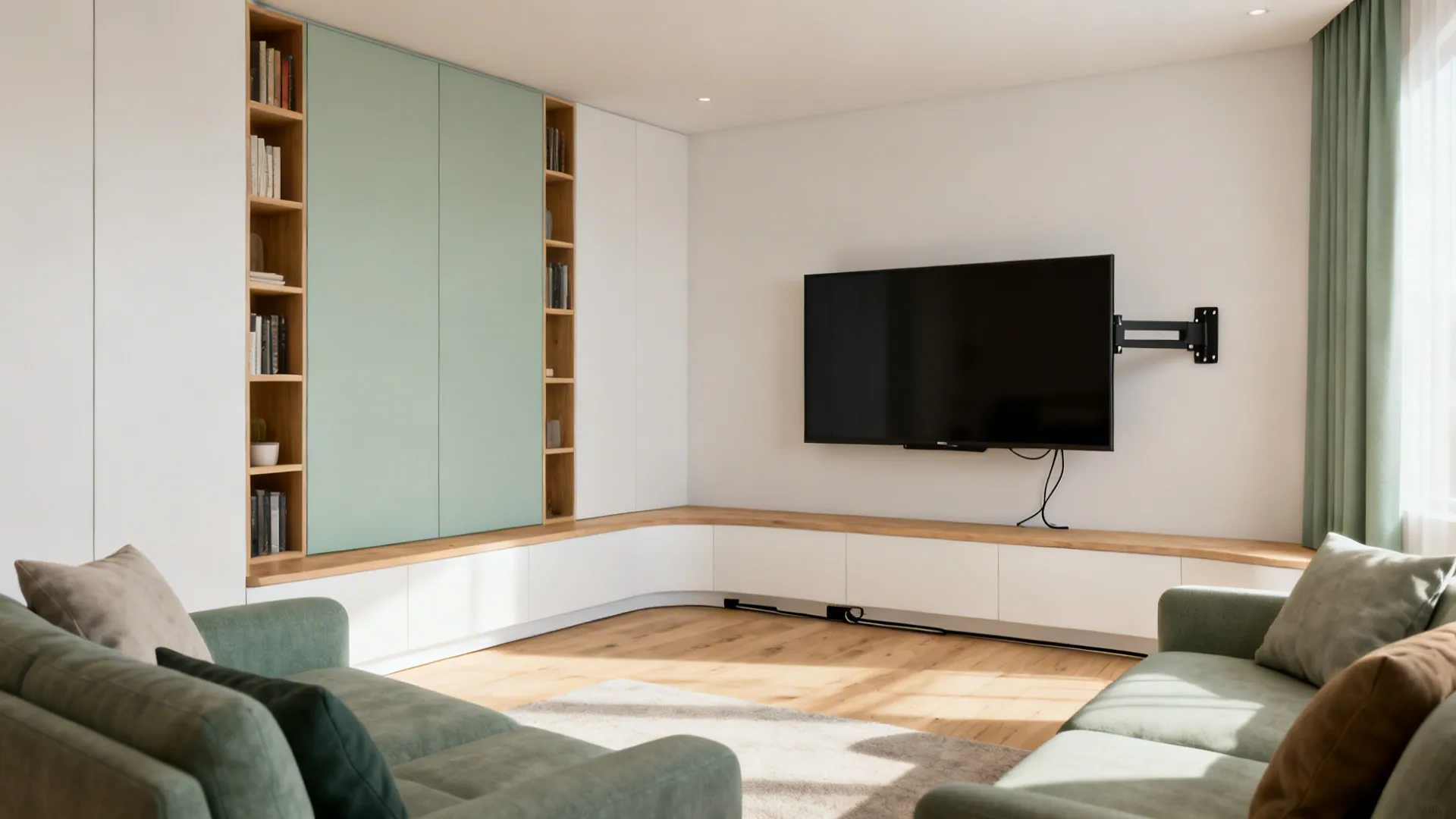 Corner-mounted TV on a swivel arm with wraparound low storage and a clear central floor area.