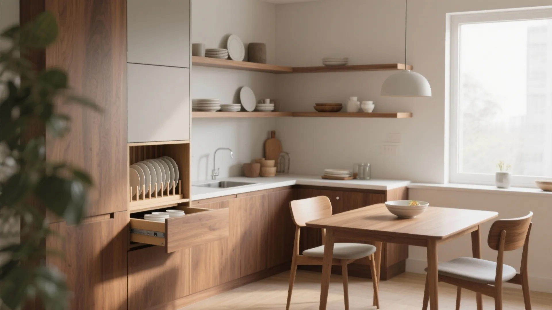 Corner-smart crockery unit (open shelves + concealed base)