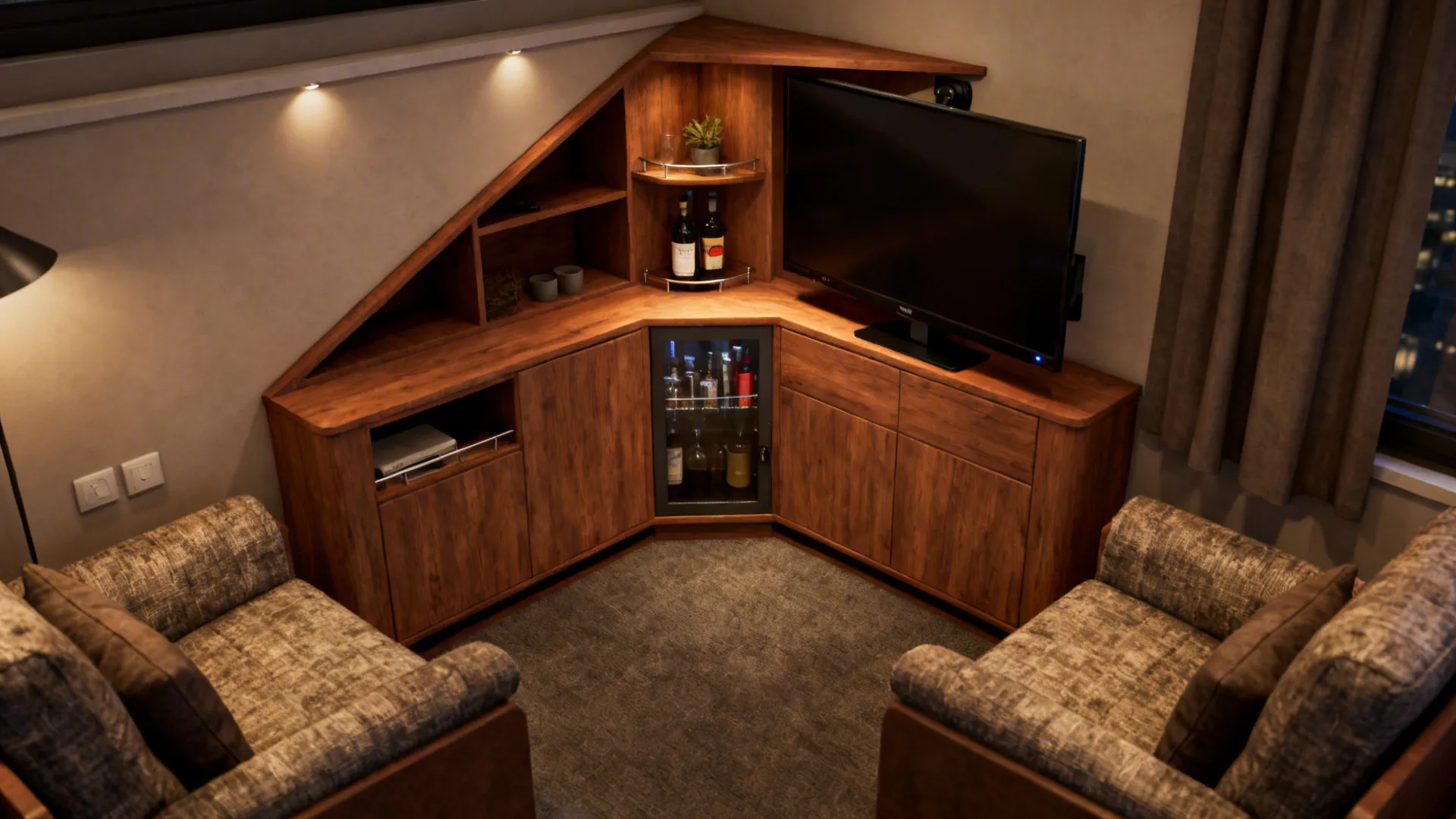 Corner TV unit with a triangular cabinet and swivel-mounted TV in a cozy room