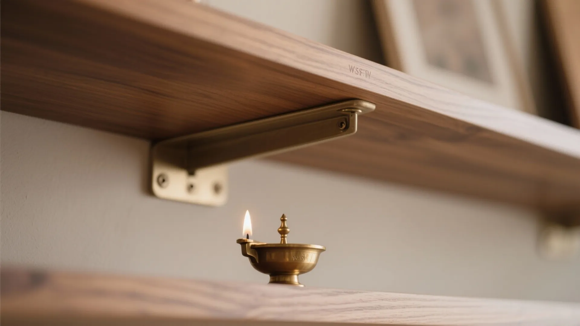 Macro of wood veneer edge, shelf pin, and brass diya with chimney guard under soft light.