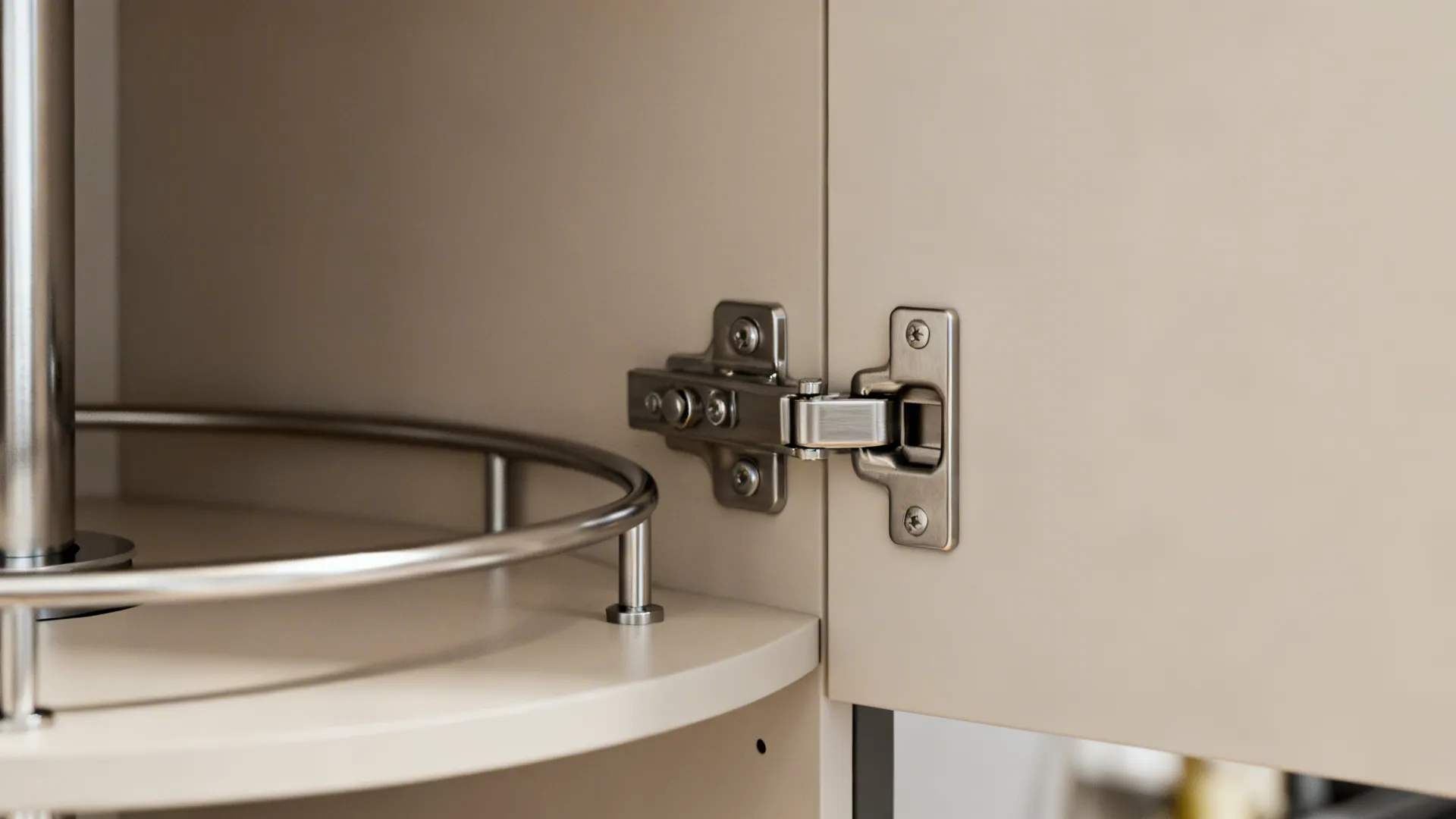 Close-up of a rotating corner cabinet carousel with brushed metal hardware.