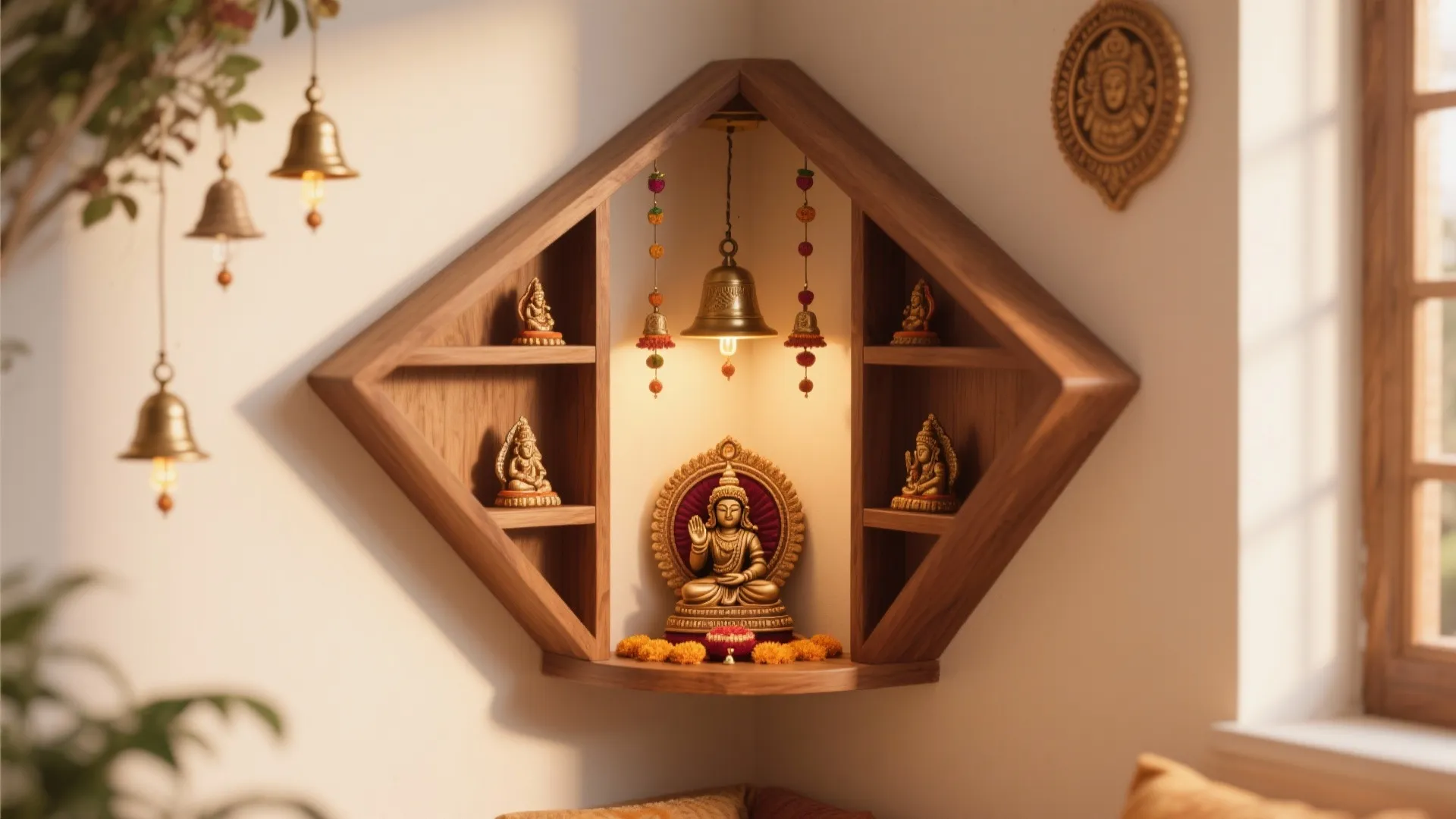 Corner wooden wall shelf with small statues hanging metal bell and warm light for home prayer