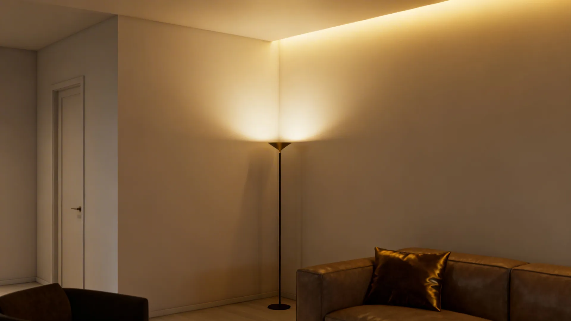 Slim corner uplight casting soft ceiling light to make a small room feel taller