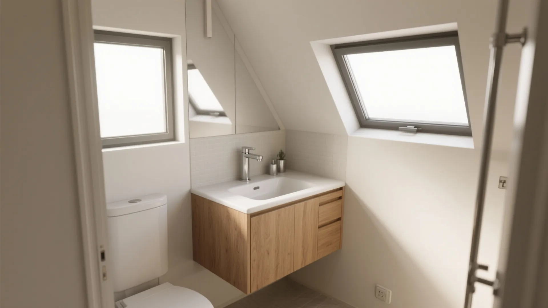 Modern attic bathroom with wooden sink cabinet white toilet small mirror and slanted roof window