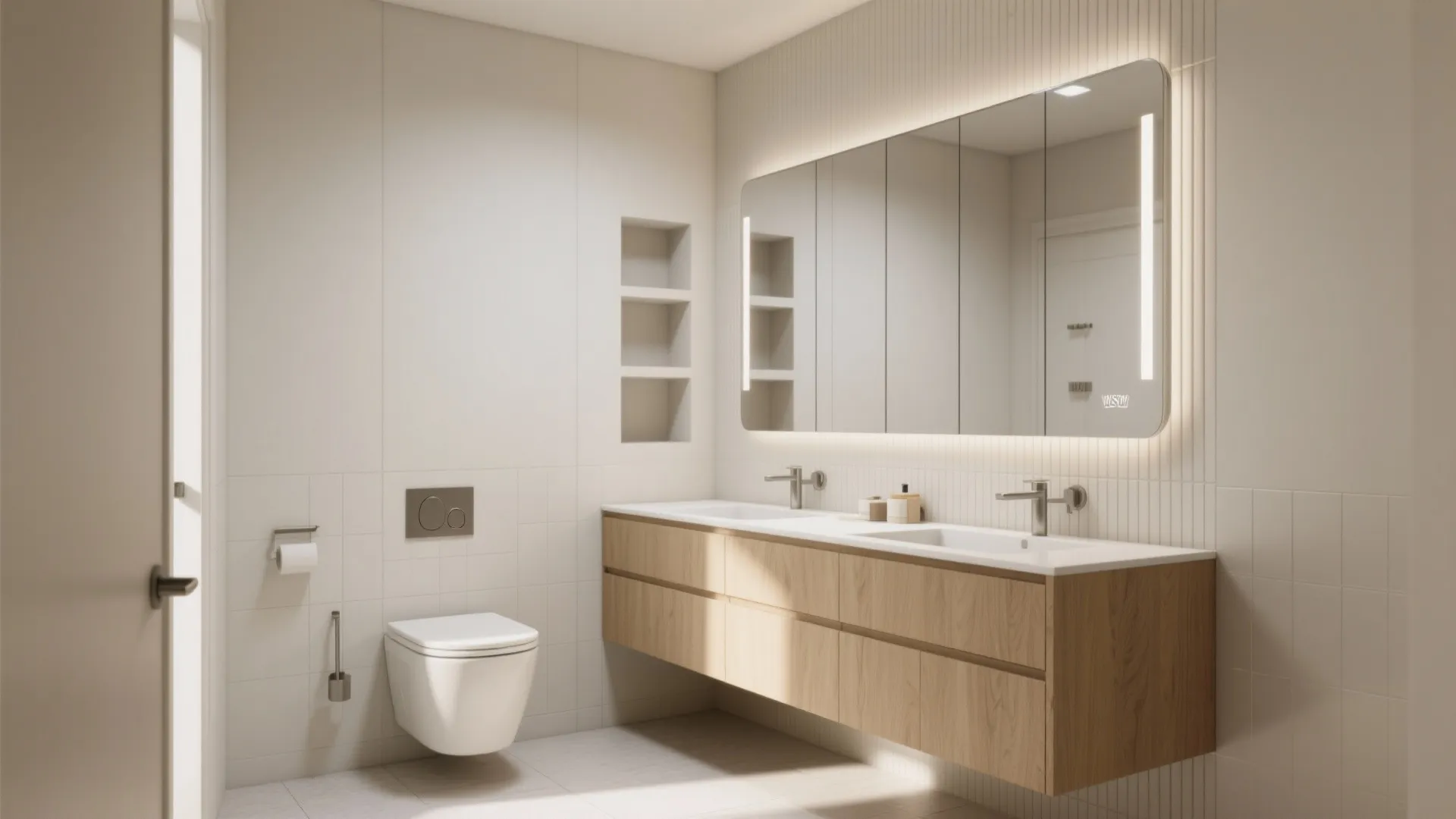 Modern bathroom with double sink wood cabinet large lighted mirror white toilet and wall panel