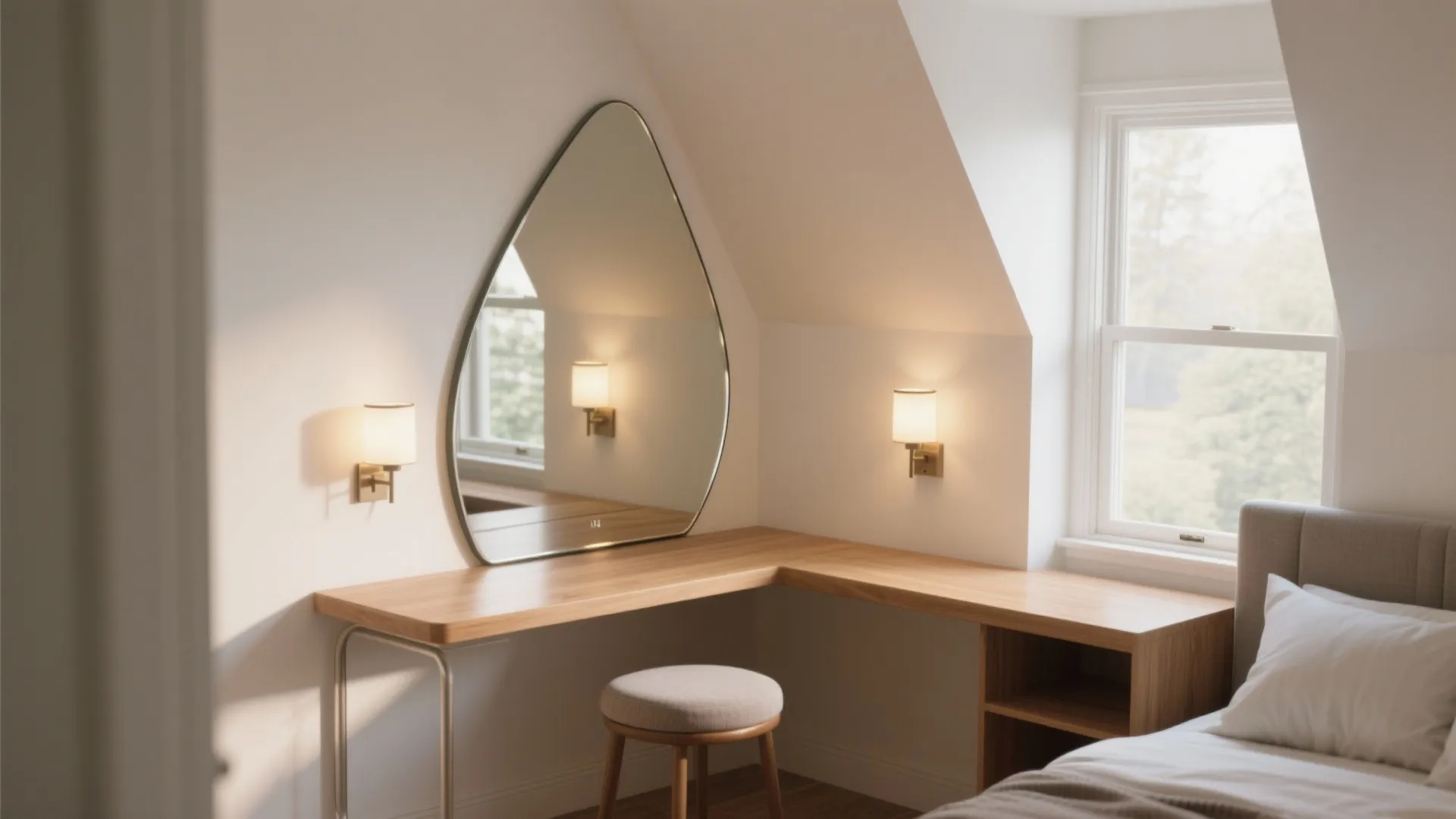 2) Corner Vanity with Wrap-Around Mirror and Side Lighting