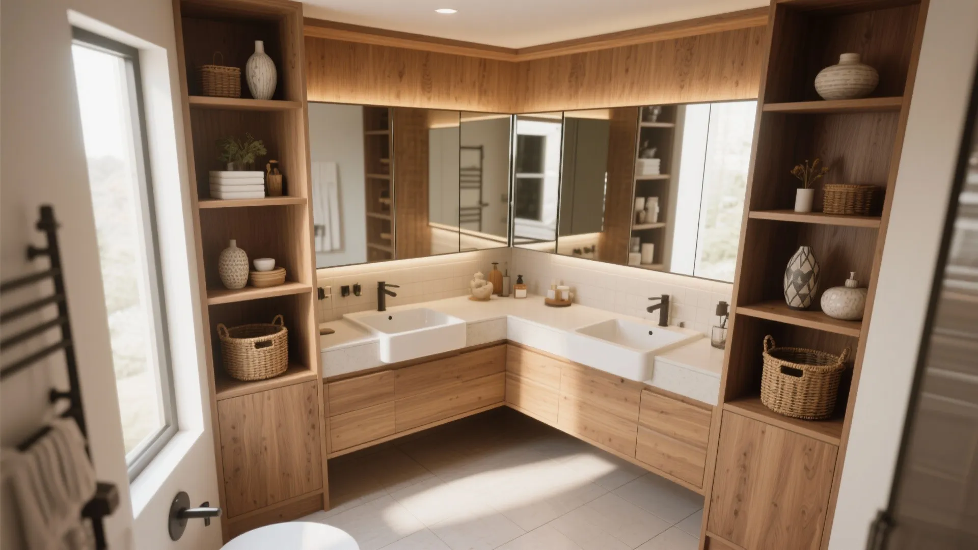 Corner bathroom wood cabinet with double sinks large mirrors tall open shelves and white tiled floor