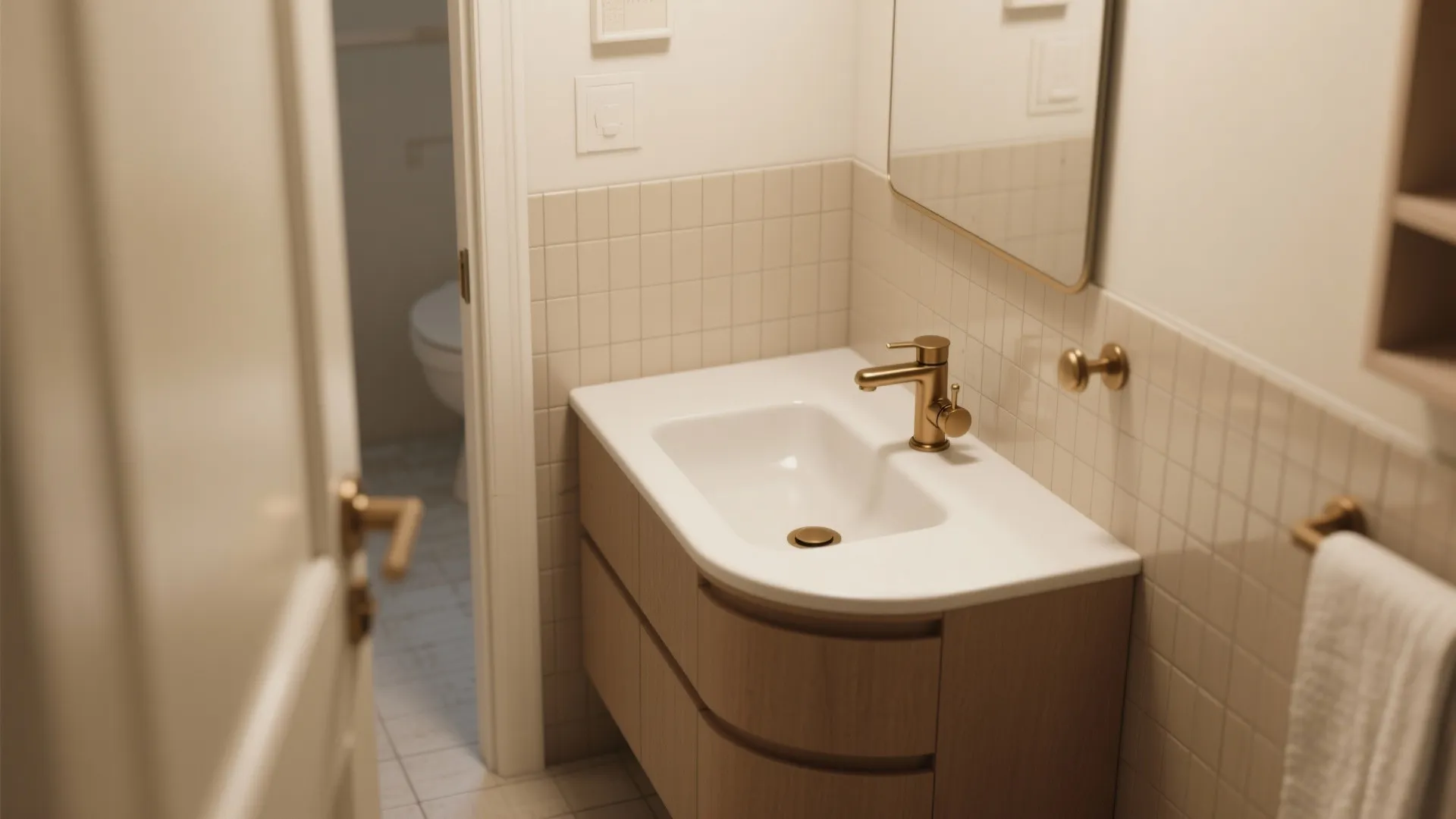 Small bathroom corner cabinet with white sink gold faucet and wood finish in a tiny room