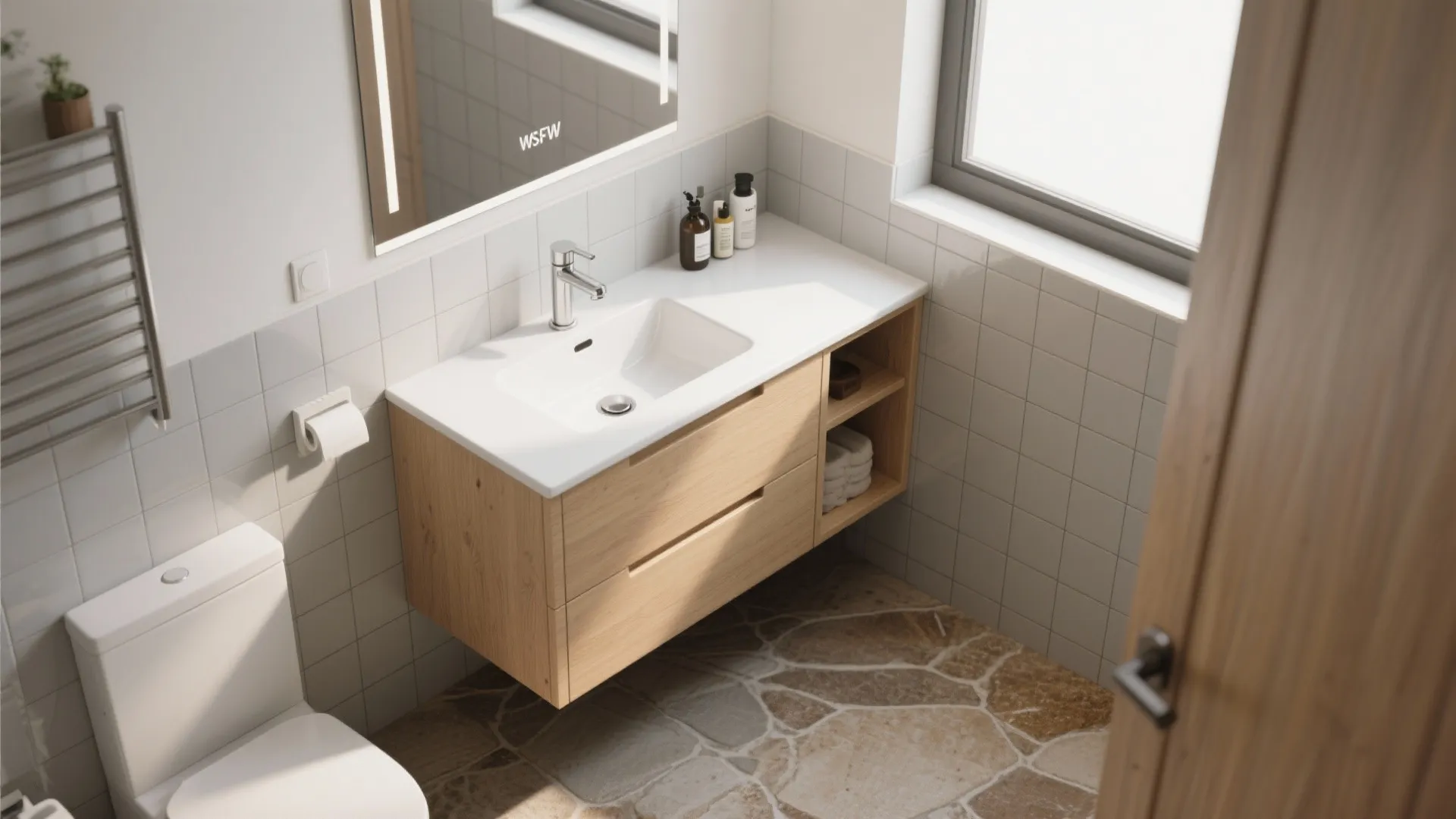 Modern wood floating sink cabinet with white top beside a toilet and stone pattern floor