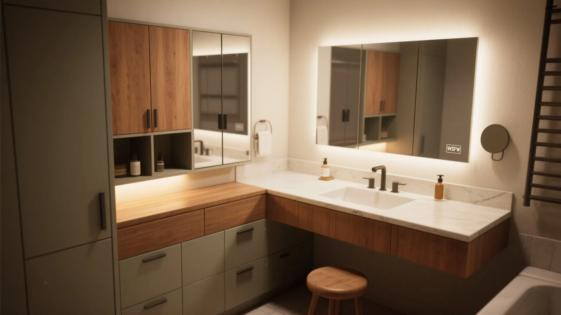 Corner bathroom vanity with wood cabinets, marble countertop, sink, lighted mirror, and small wooden stool
