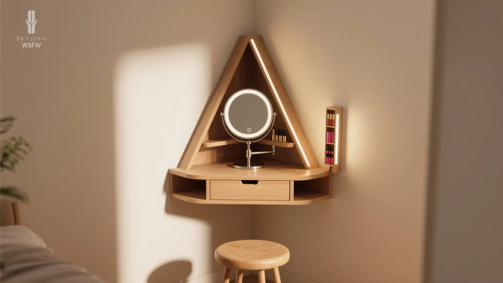 4. Corner vanity using triangular shelving and a swivel mirror