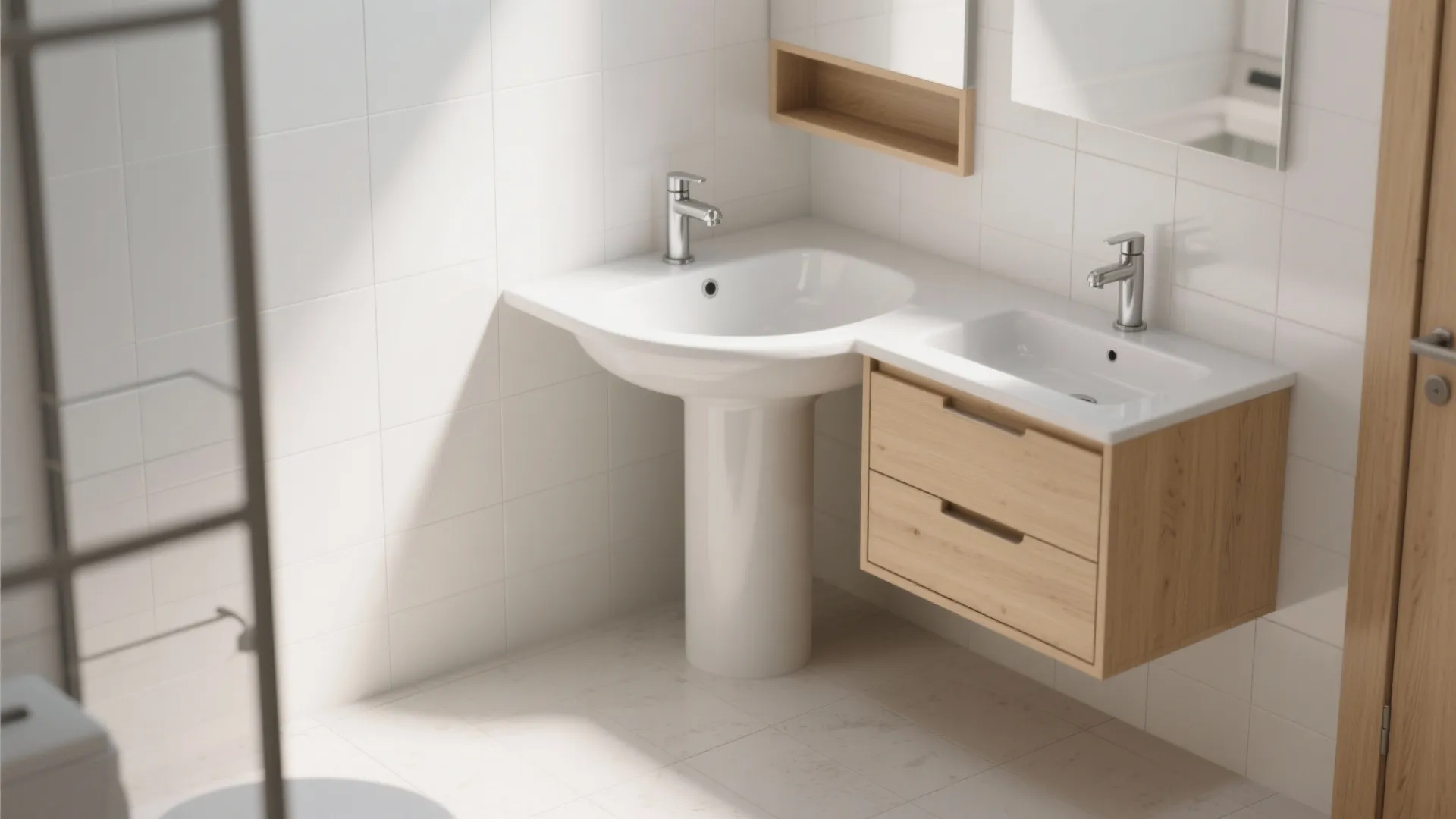 3. Corner sink or wall-mounted vanity