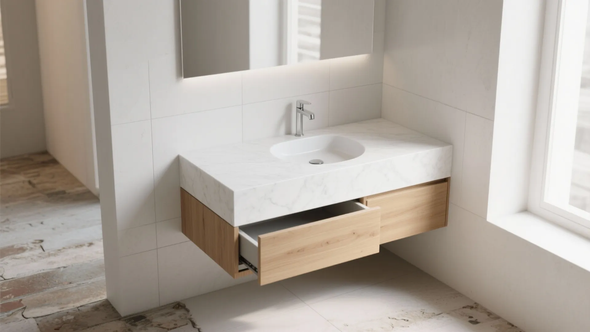 Minimalist Corner Vanity With Hidden Storage