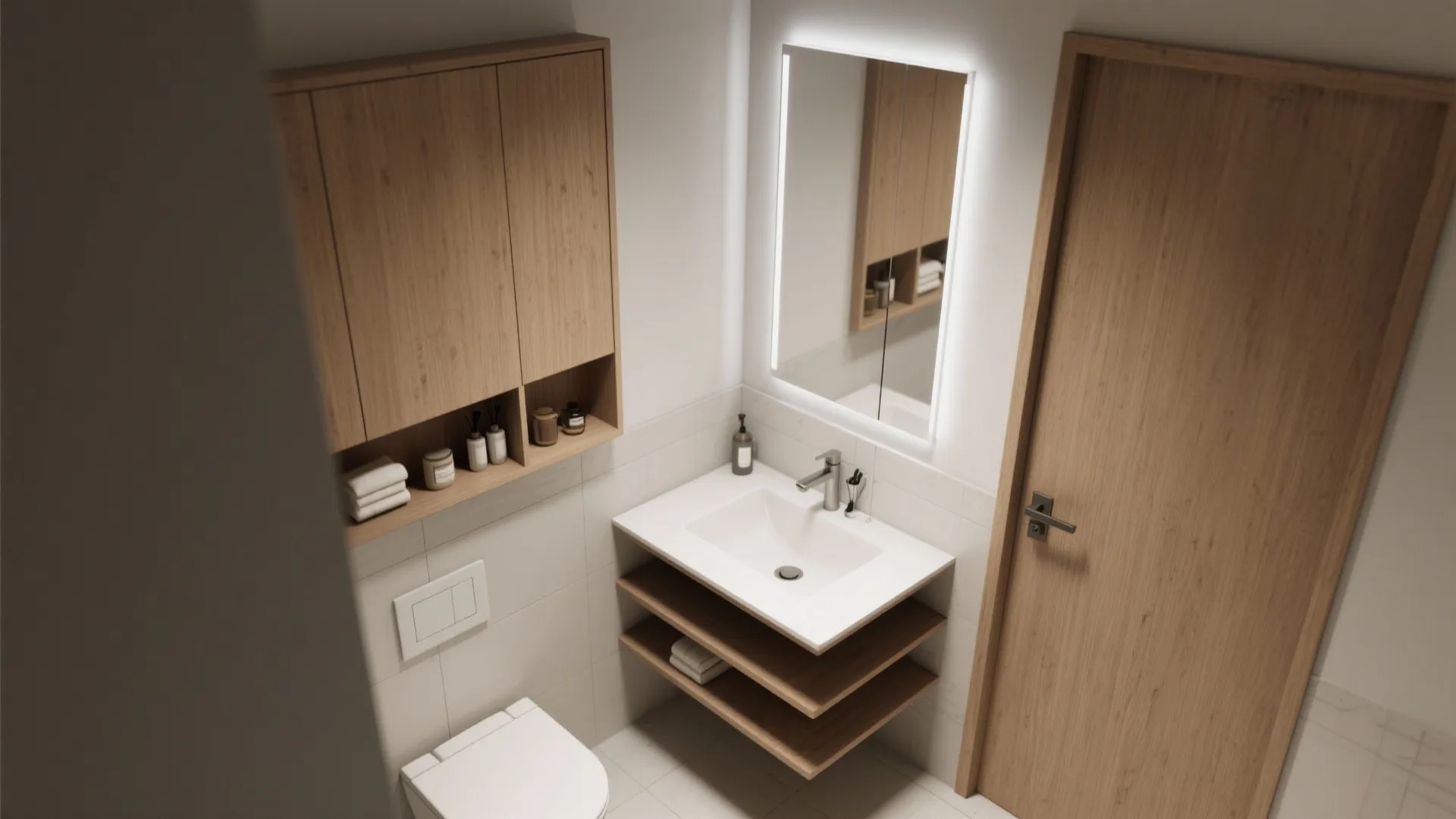 Modern small bathroom with wooden cabinet, white sink, lighted mirror, toilet, and wooden door design
