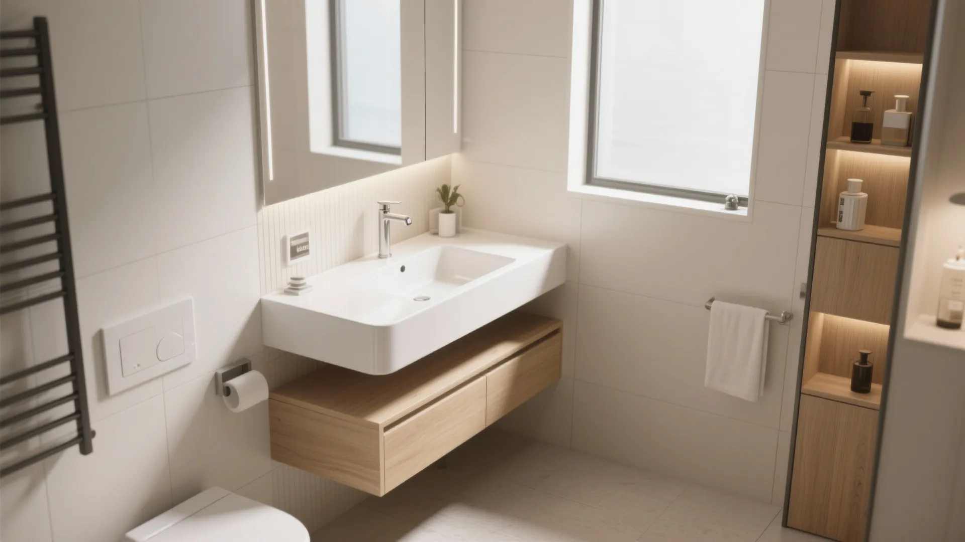 Modern bathroom sink with wooden cabinet mirror warm lighting towel rack and small window design