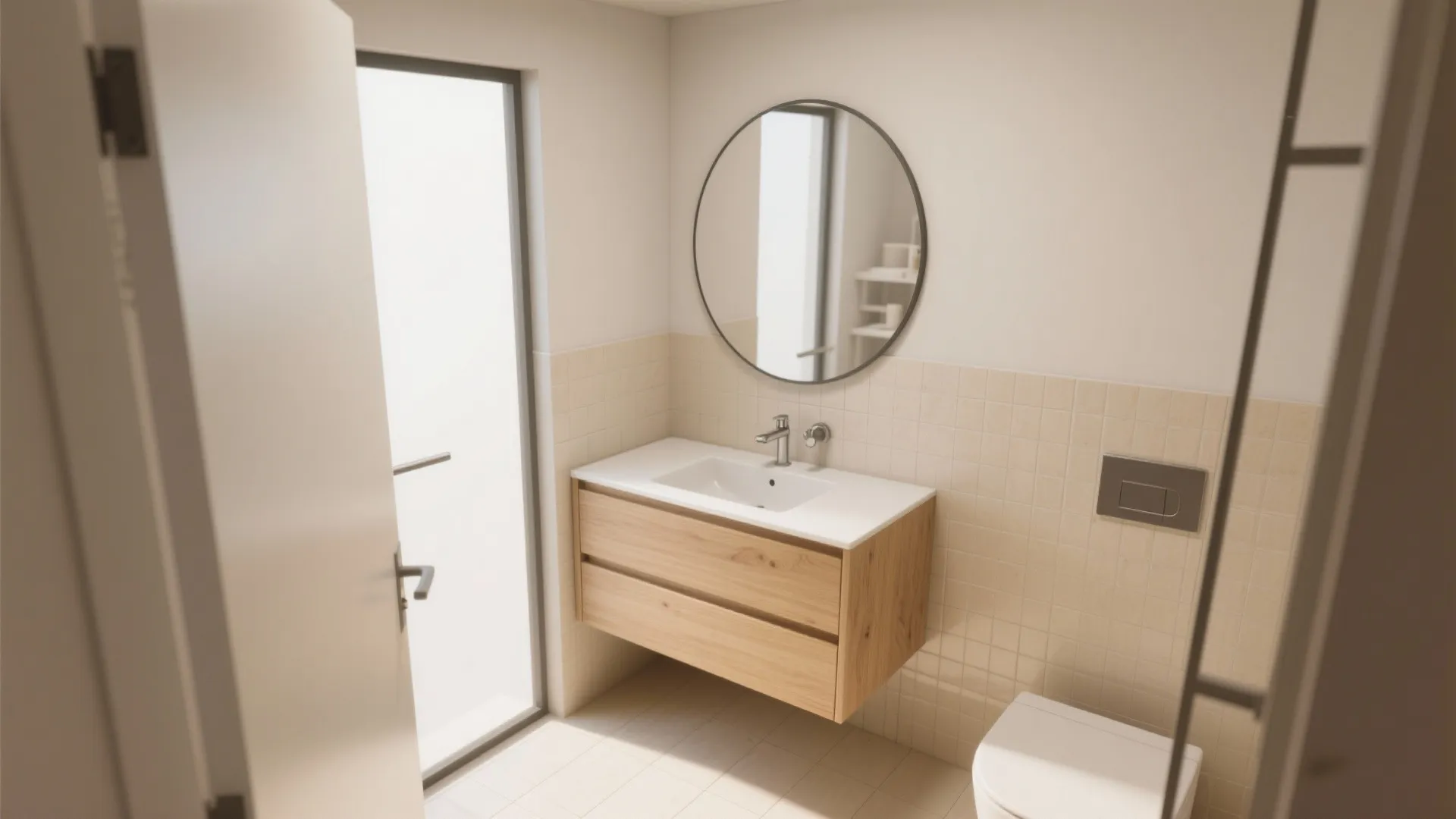 Modern bathroom with a wooden floating cabinet, white sink, round mirror, and a frosted door