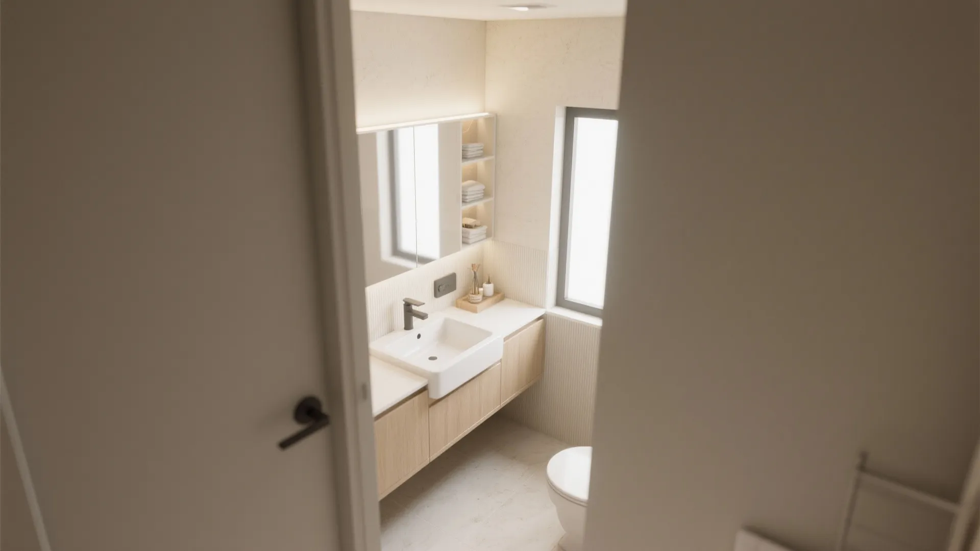 Small bathroom seen through a doorway featuring wood cabinet white sink mirror and window light