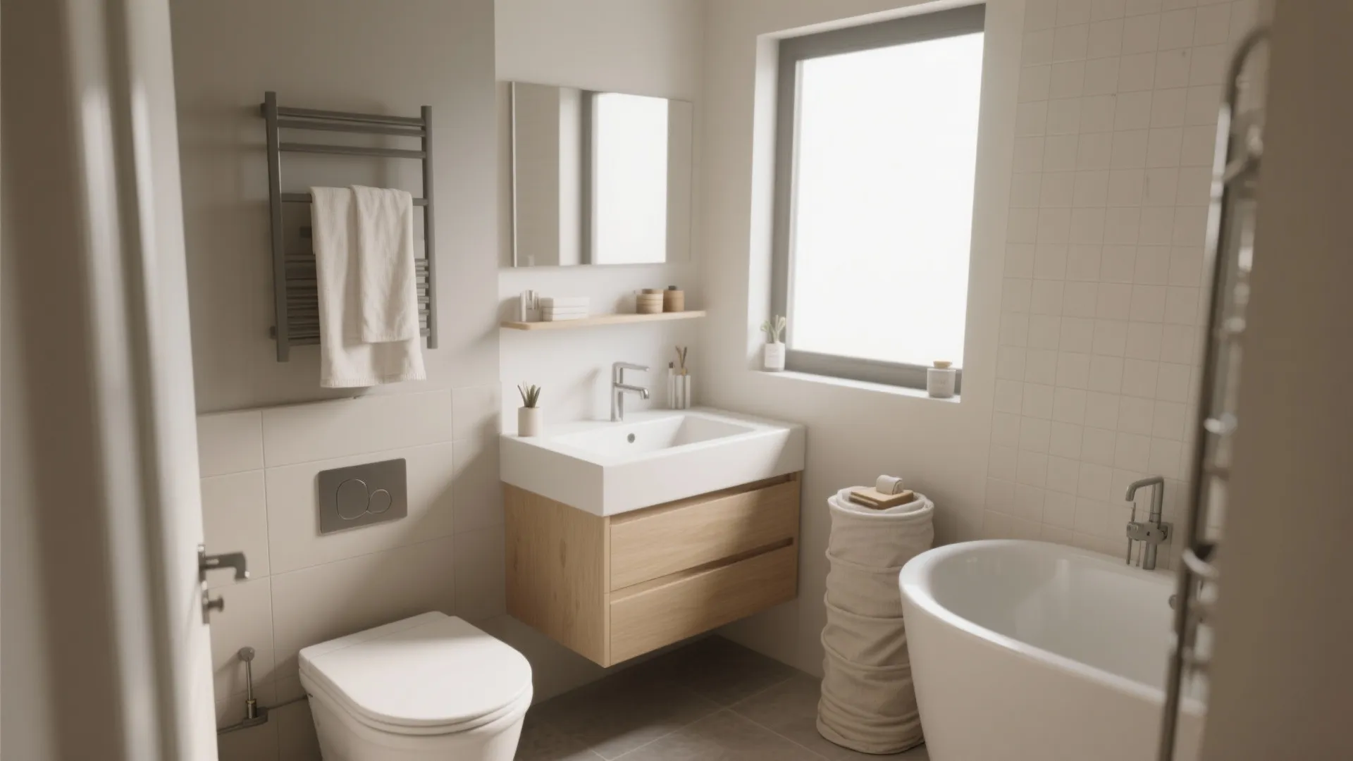 Small bathroom with a corner vanity and linen tower