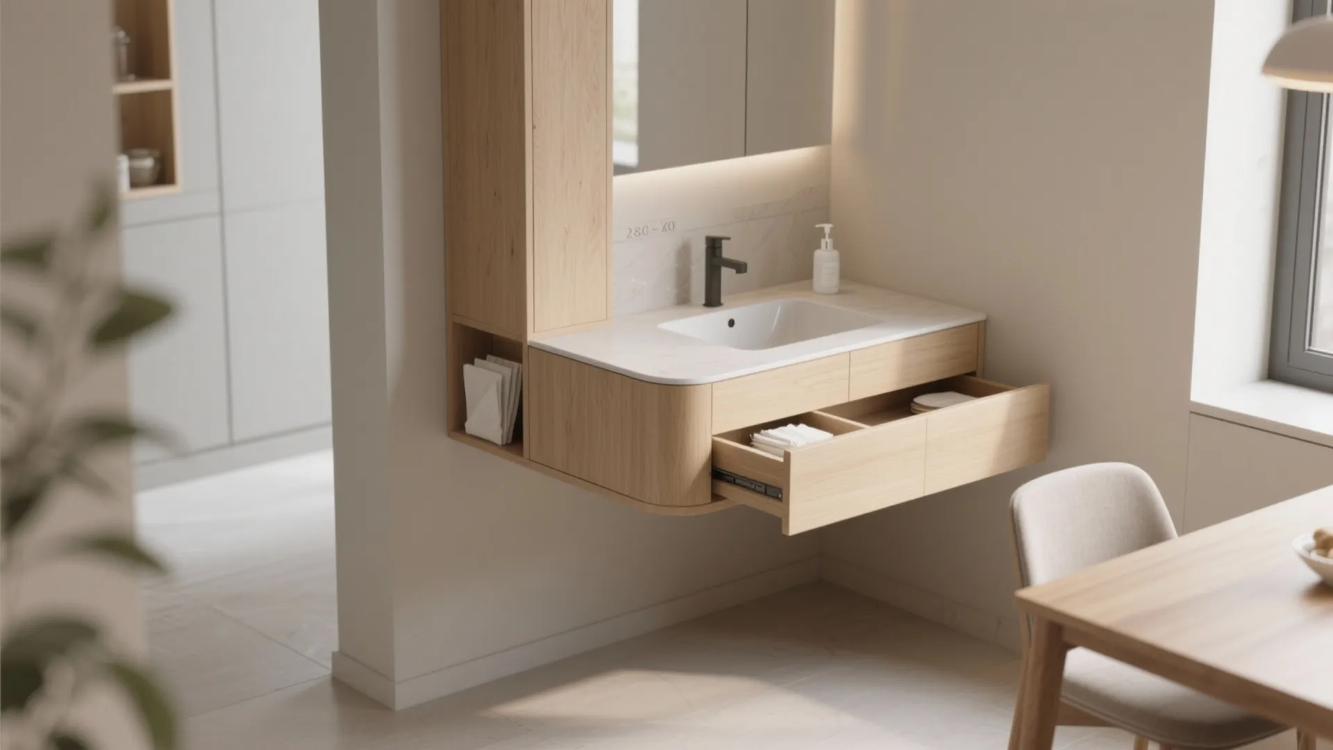Floating corner vanity with a semi-recessed basin and light wood micro-storage in a dining area.