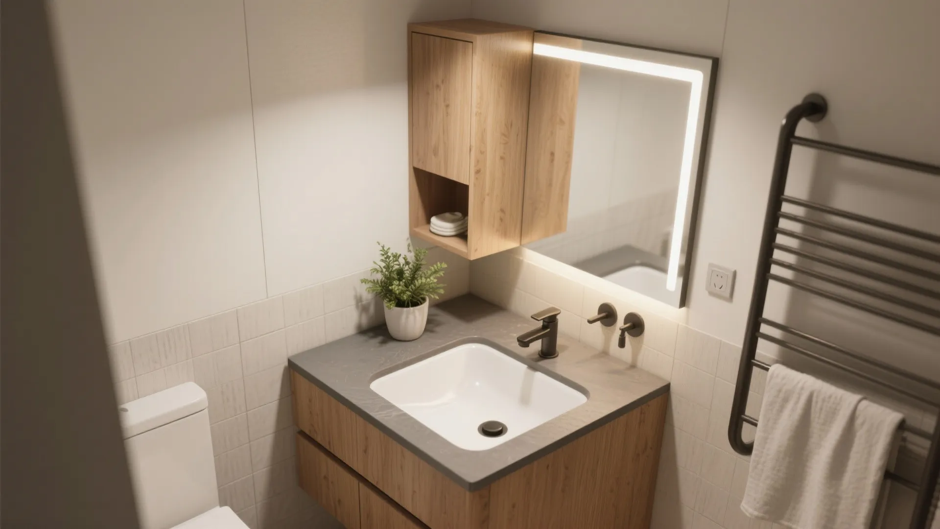Corner bathroom vanity with wooden cabinet and lighted mirror next to a black towel rack