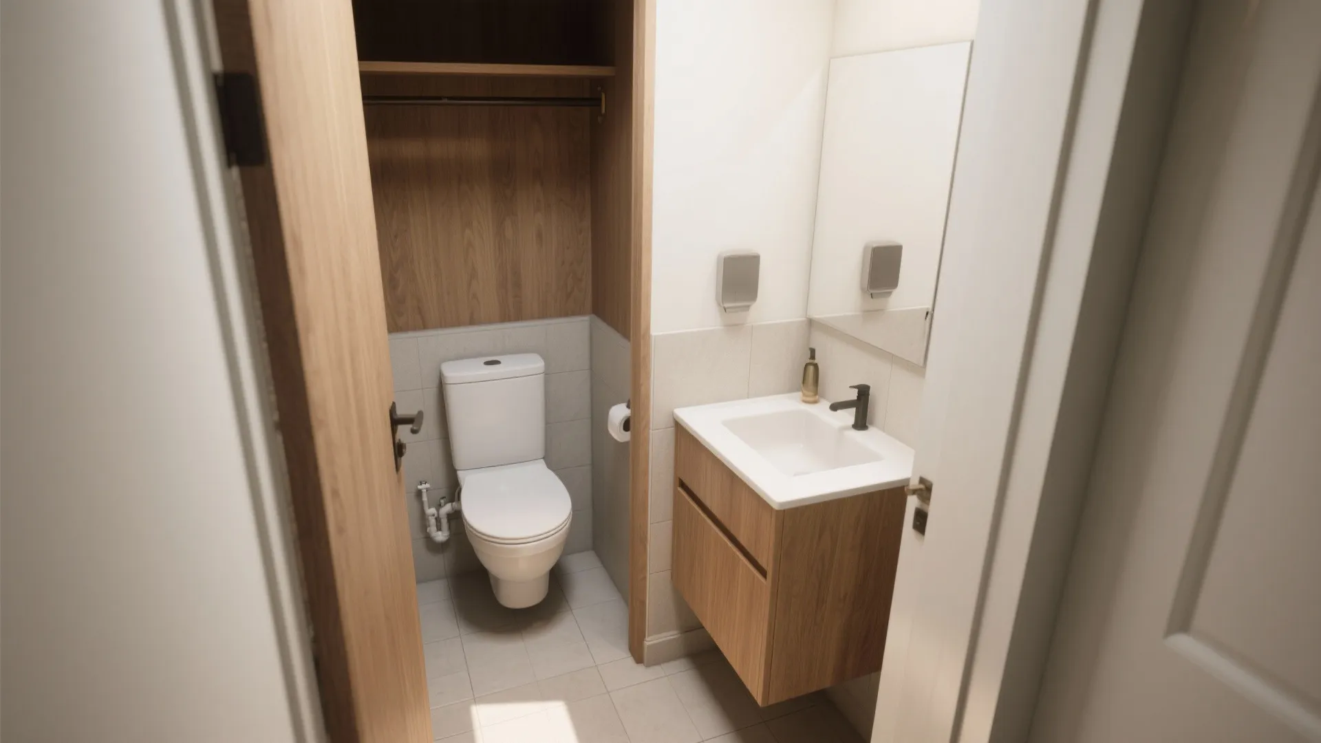 Small modern bathroom with a white toilet wooden sink cabinet and simple grey floor tiles