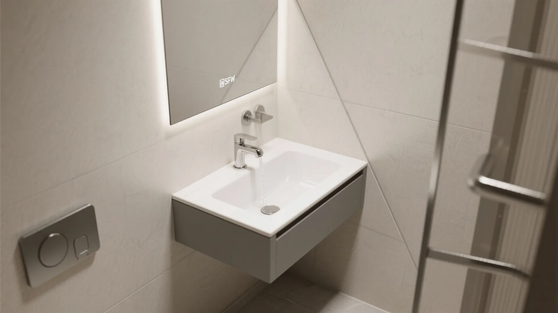 Corner-mounted vanity to unlock circulation