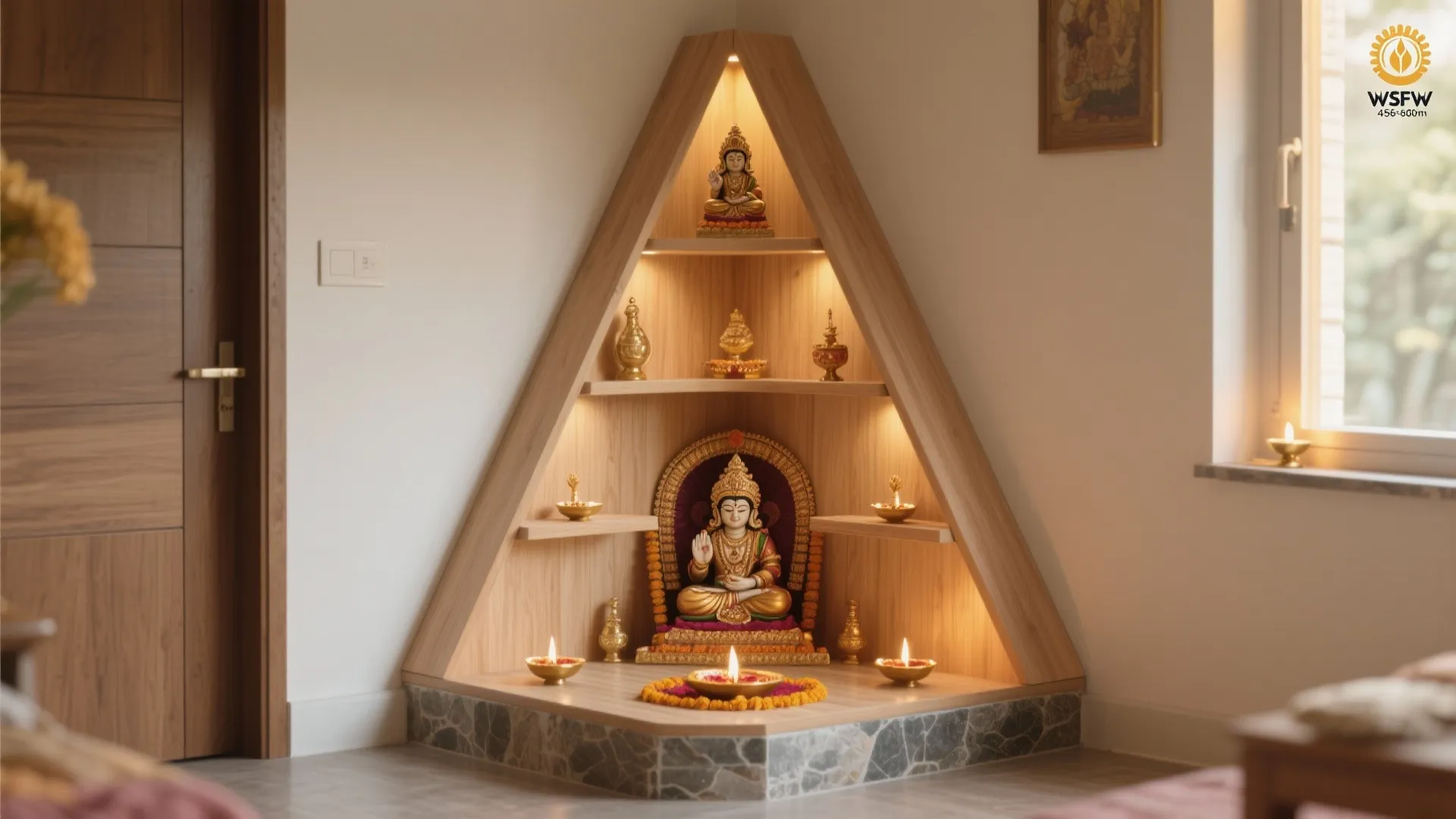 Corner plywood mandir with Vastu-friendly zoning
