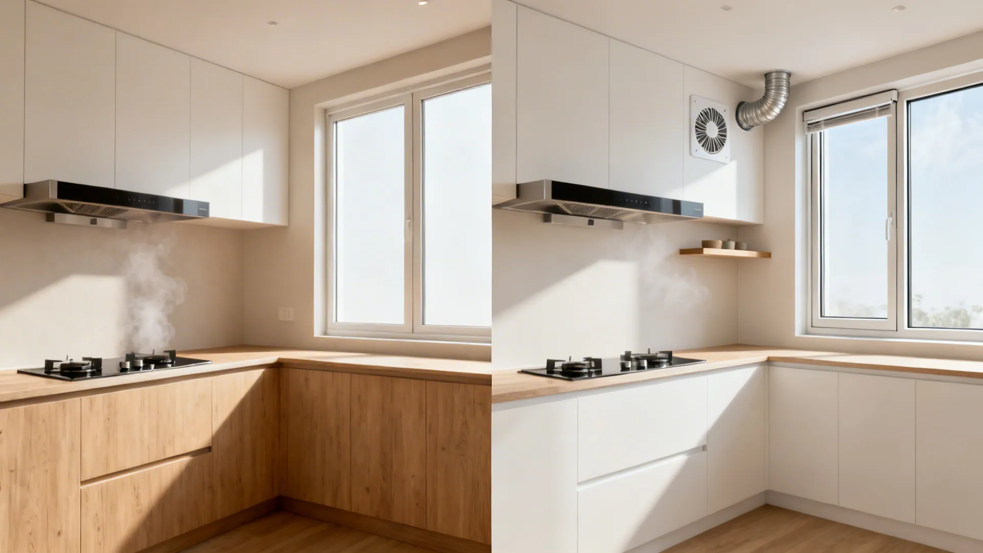 Before-and-after view of a corner window kitchen showing added exhaust solutions and clearer air.