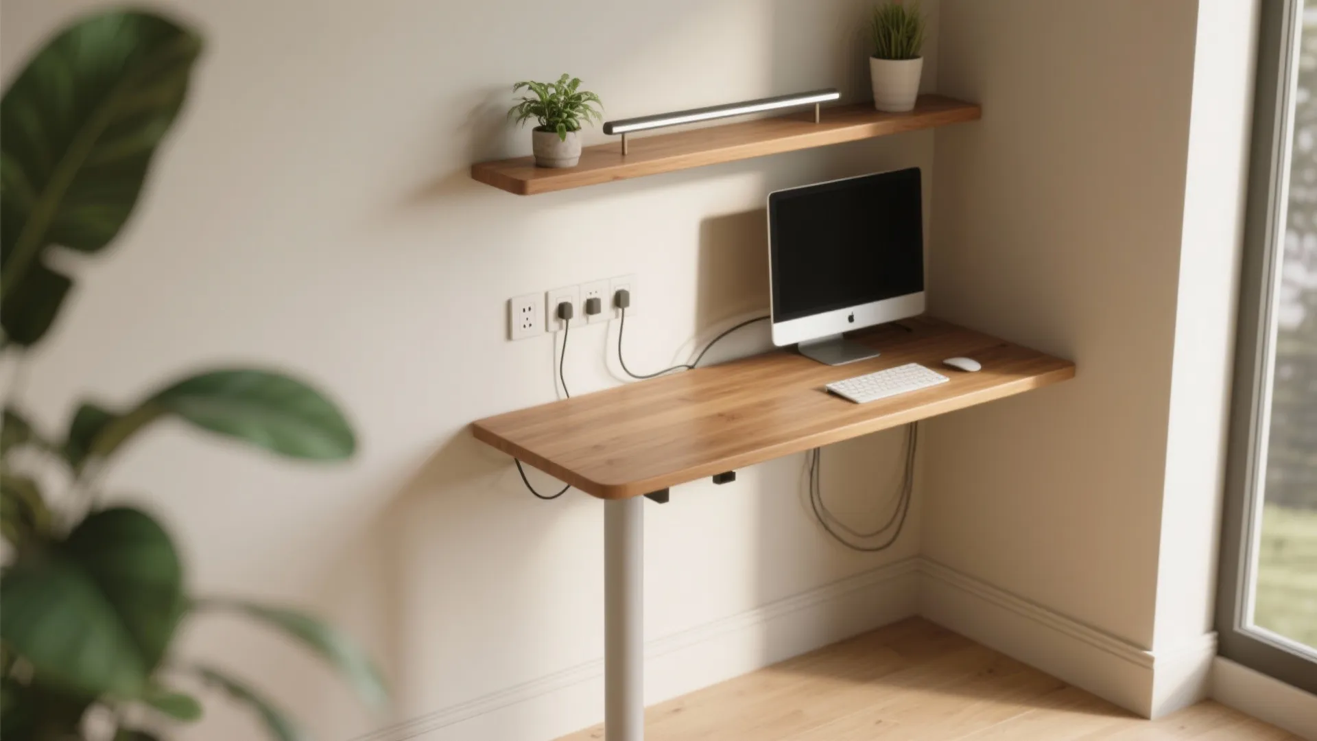 Minimalist wooden desk in a corner with computer monitor shelf plants and multiple wall outlets