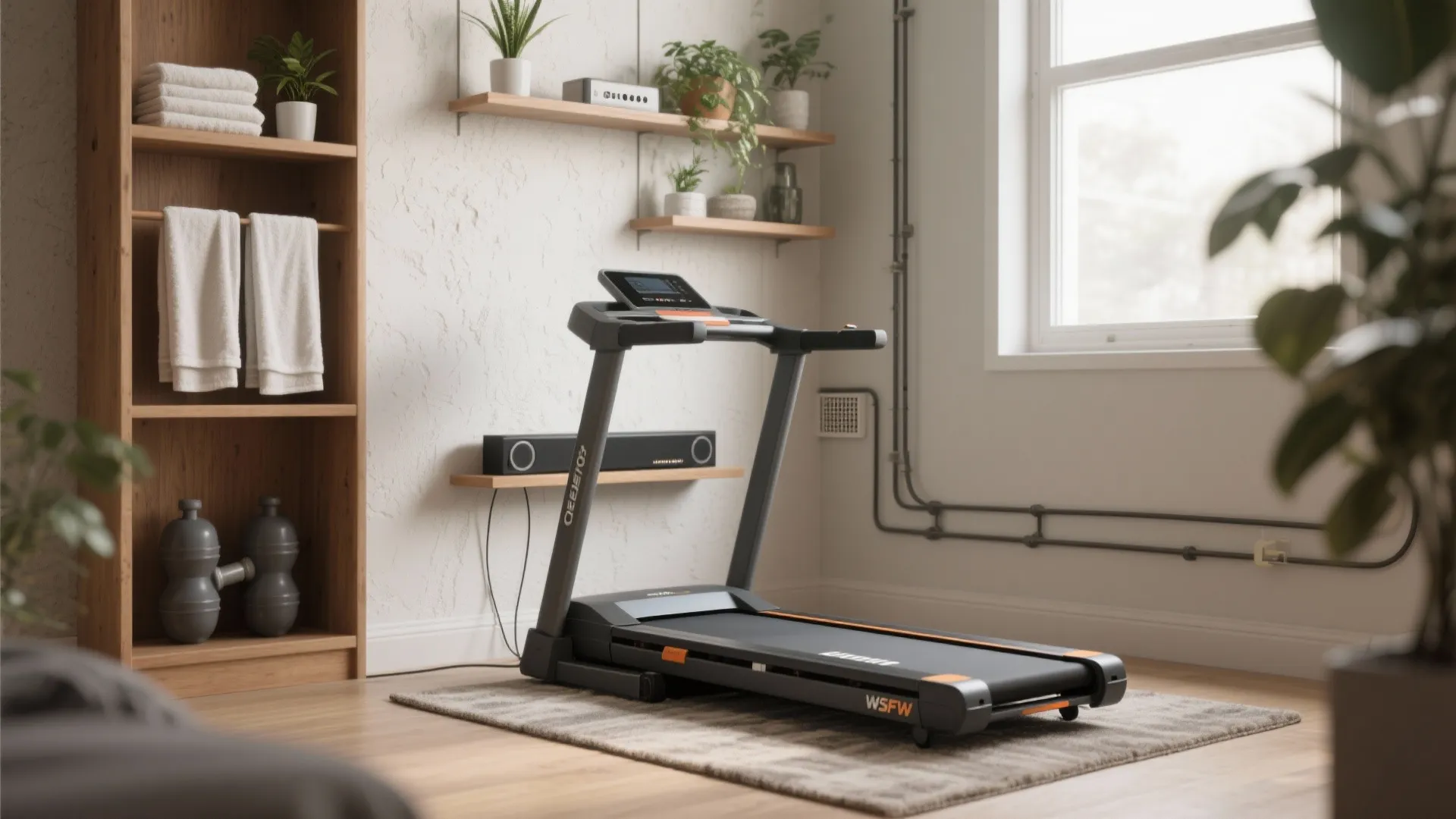 Modern black treadmill on rug in bright home gym with wooden shelves and white walls