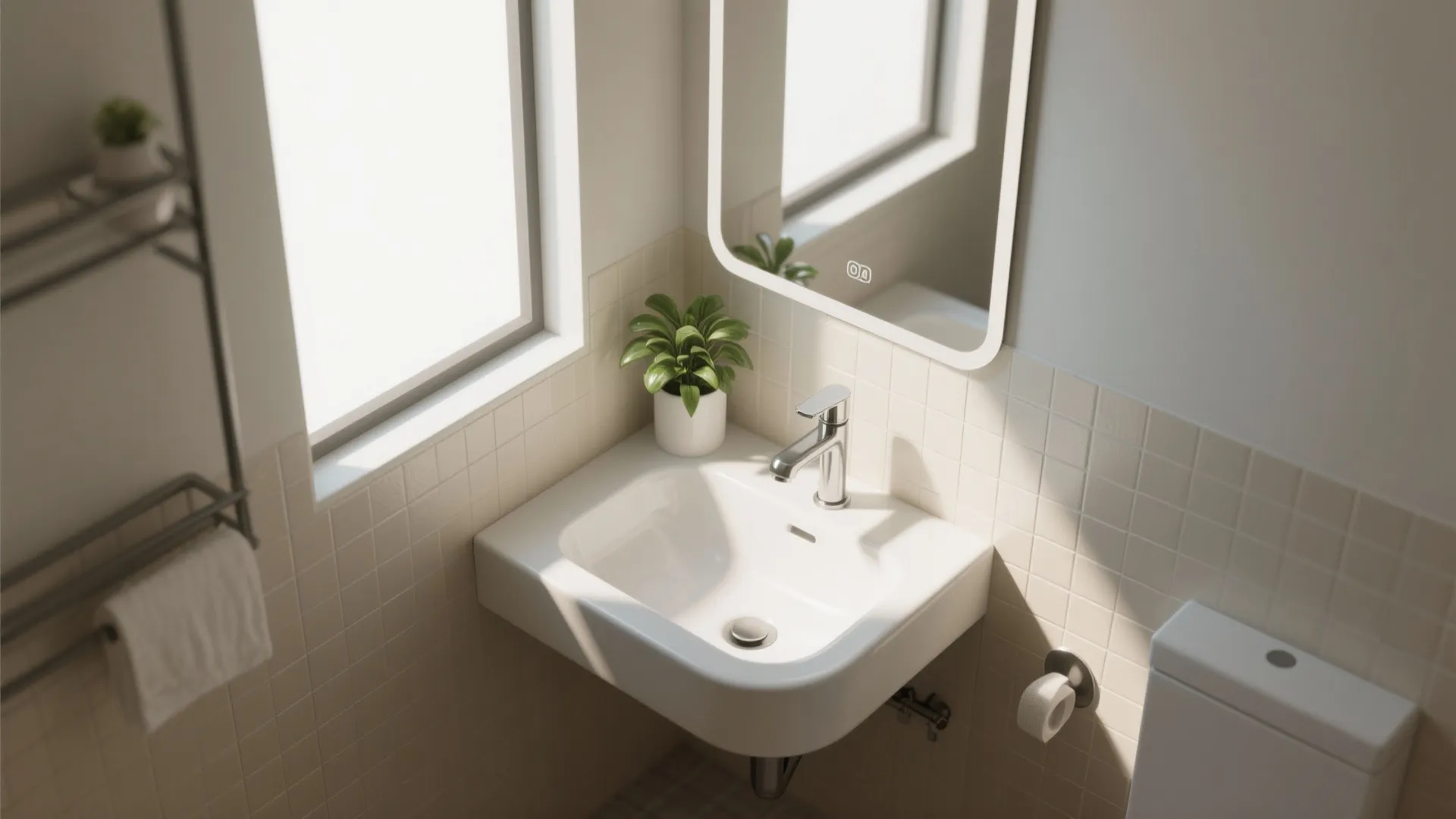 Small white wall mounted bathroom sink with chrome faucet near window and small green plant