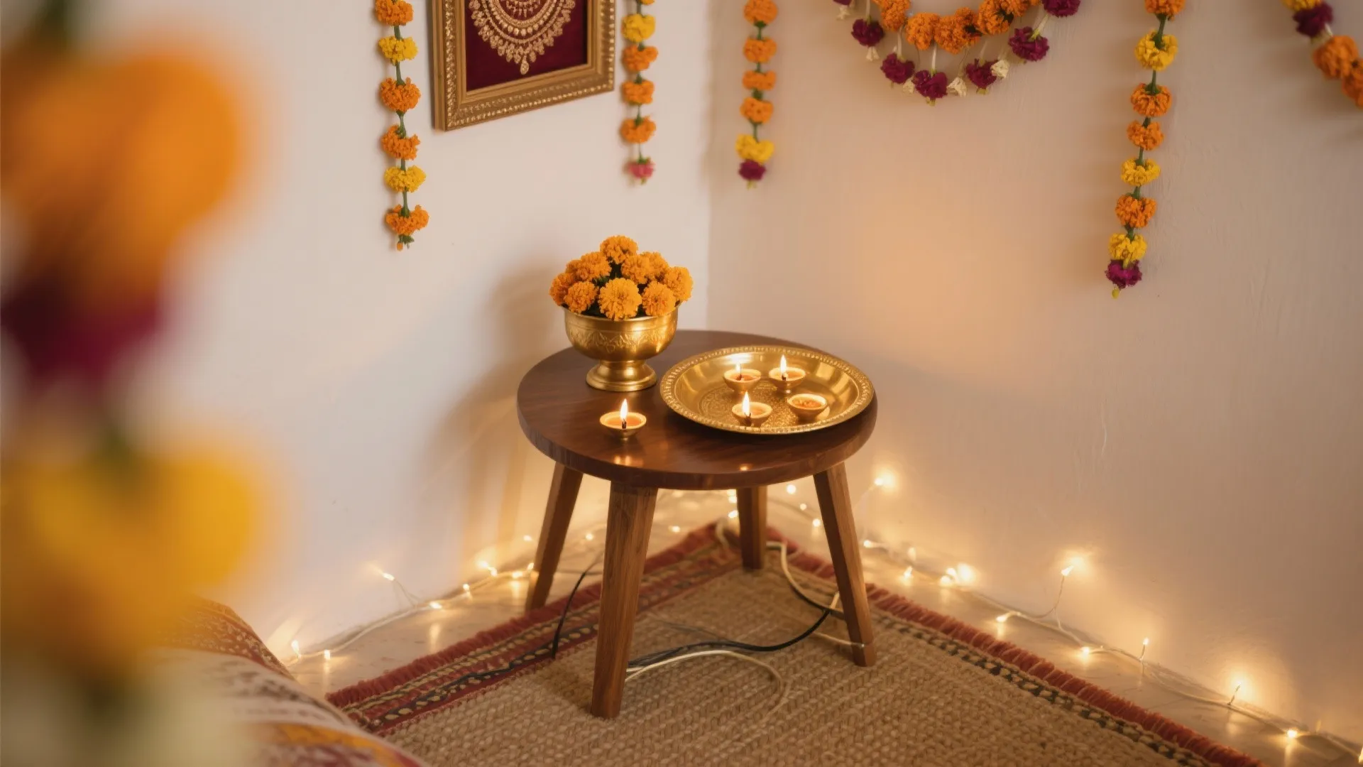 Small round wooden table with orange flowers and lit lamps near wall with flower strings