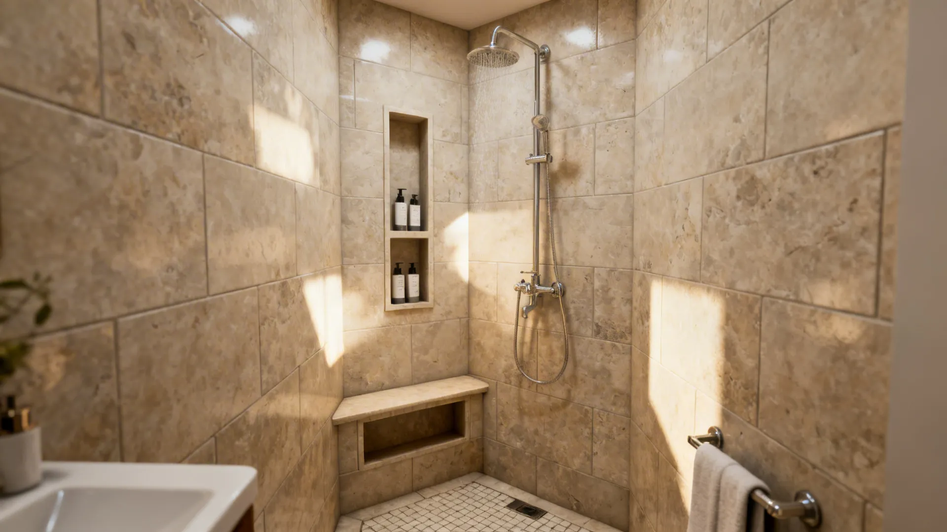 Corner walk-in shower with recessed niches for shampoo and a bench towel niche in a small bathroom.