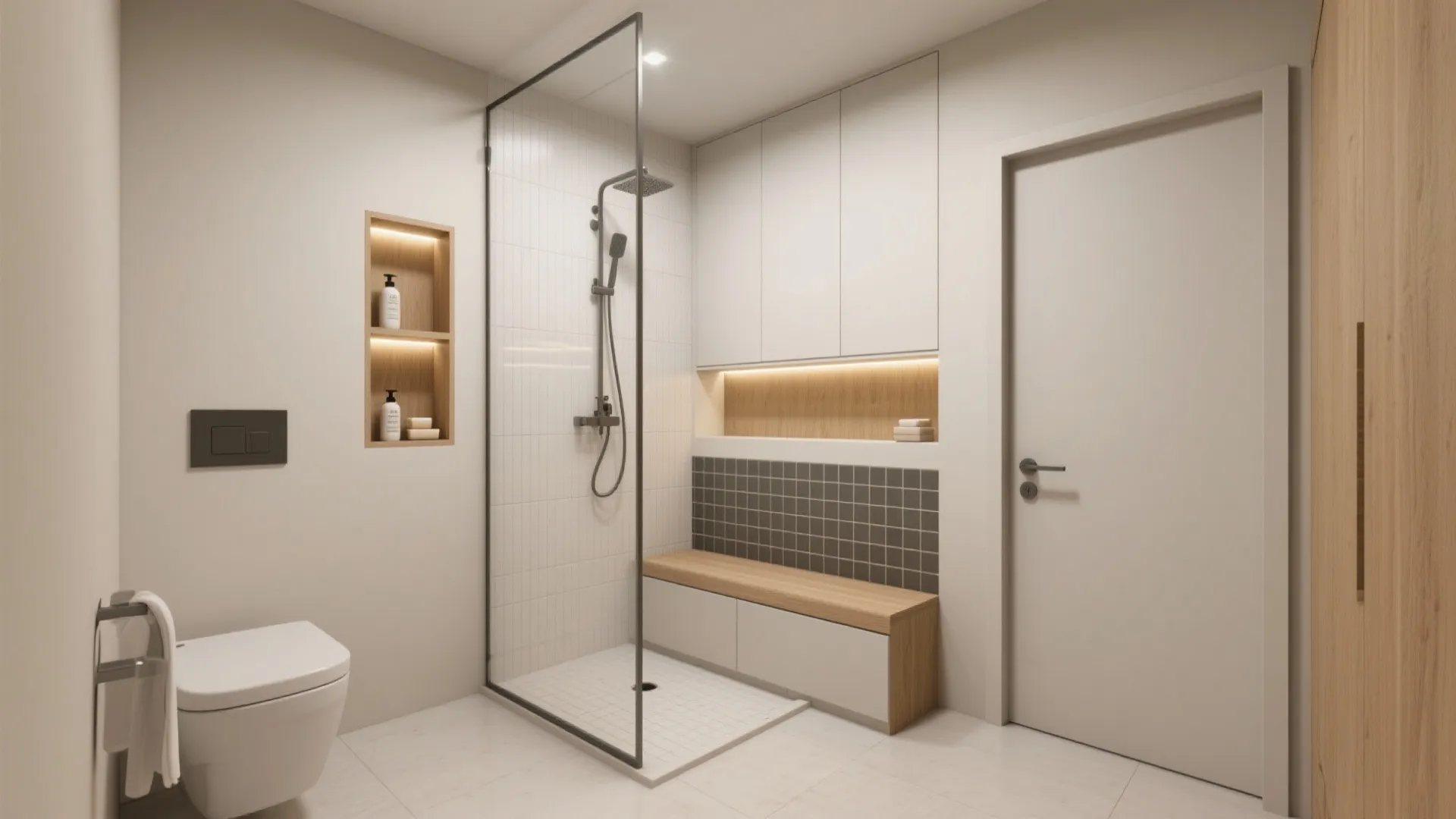 3. Corner walk-in with niche storage