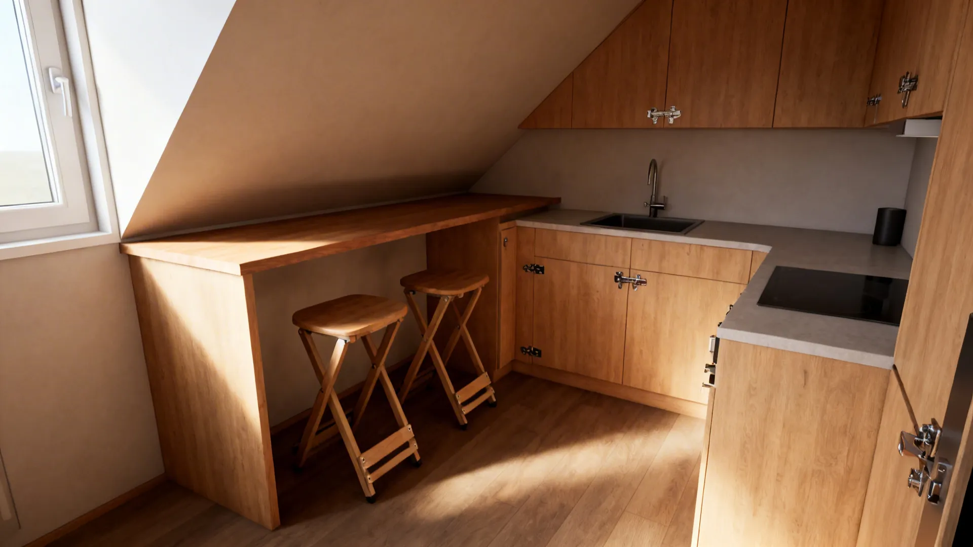 Corner triangular breakfast bar with swinging stools tucked underneath in a compact kitchen