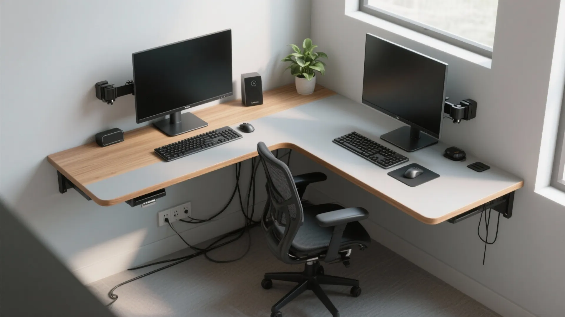 Modern L-shaped wall mounted corner desk with two computer monitors keyboard mouse and office chair