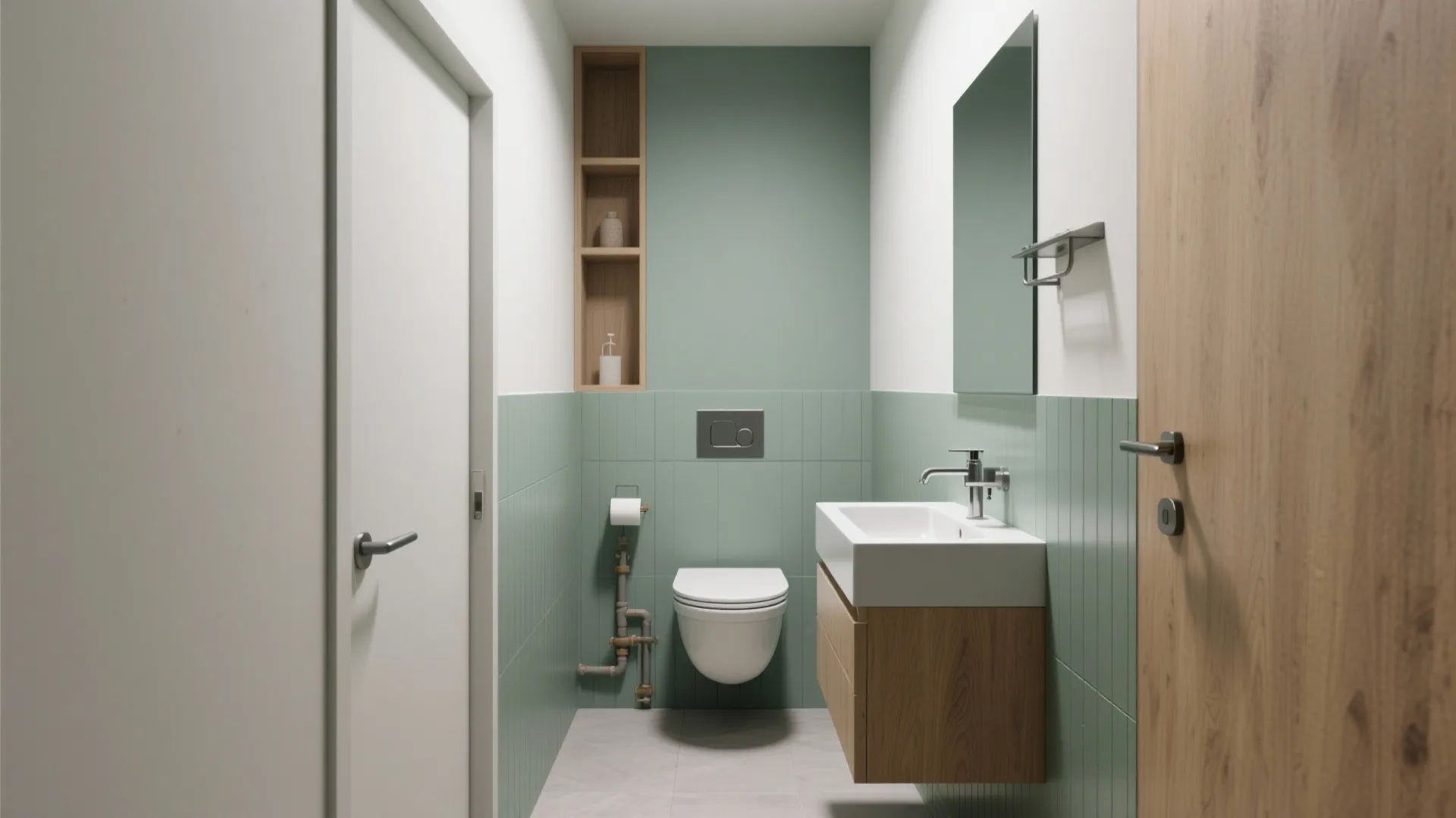 Narrow bathroom showing wall-hung toilet and corner sink to maximize space