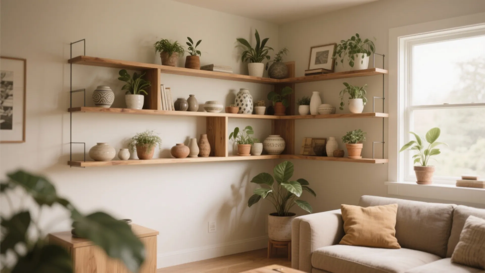 Corner wooden shelving unit in a bright living room holding various potted plants and pottery