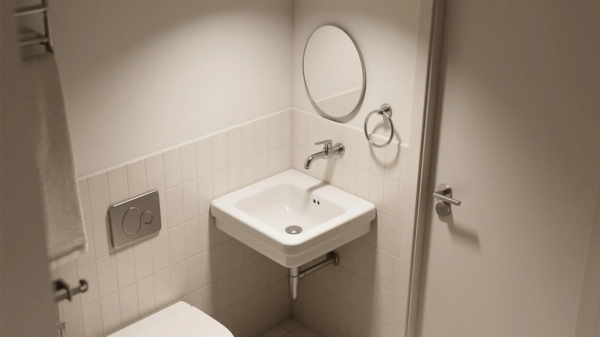 Triangular corner wall-mounted sink with wall faucet, round mirror, and towel ring in a narrow bathroom