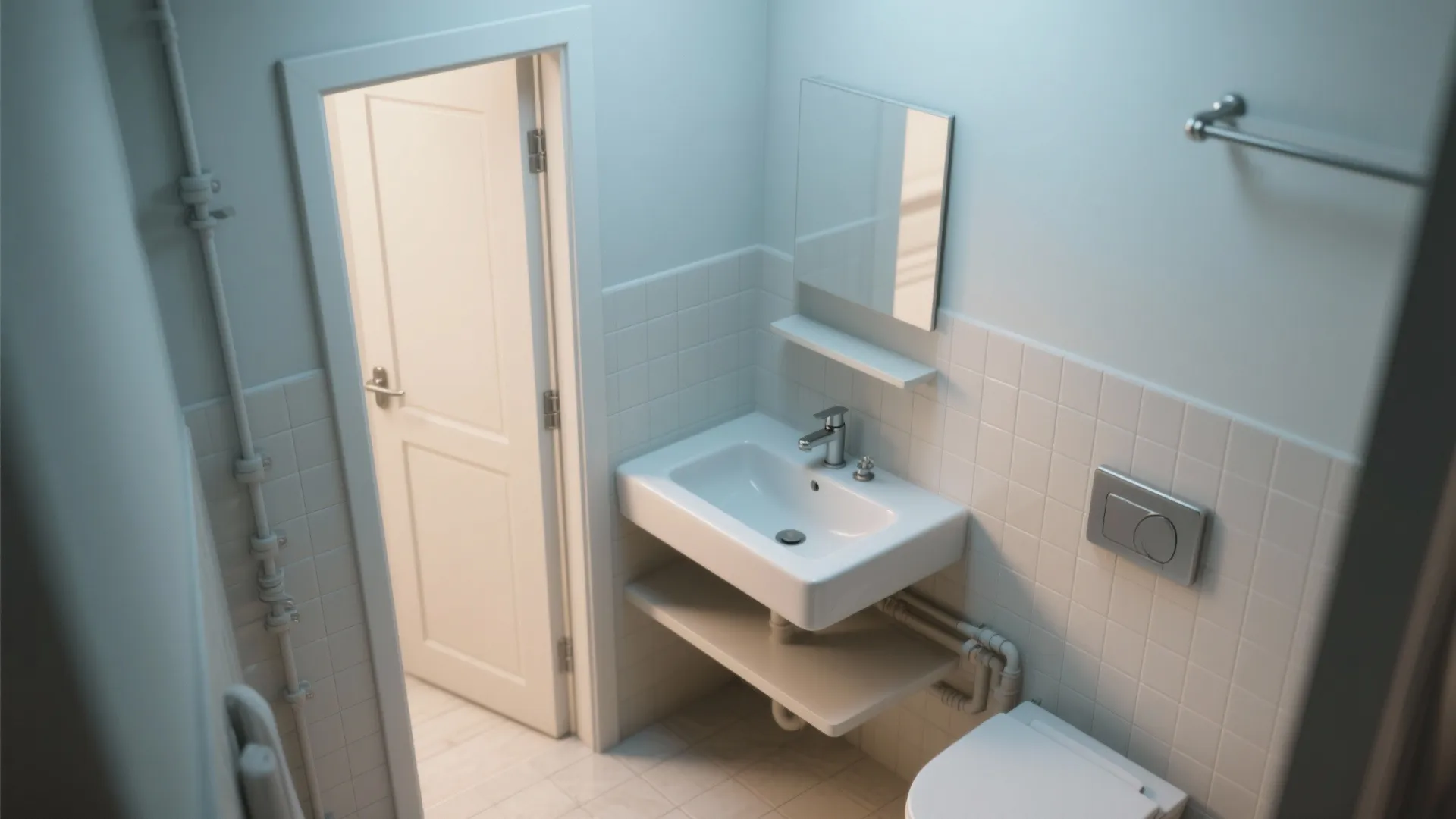 Small bathroom with white sink, wall mirror, tiled walls, open white door, and toilet seat
