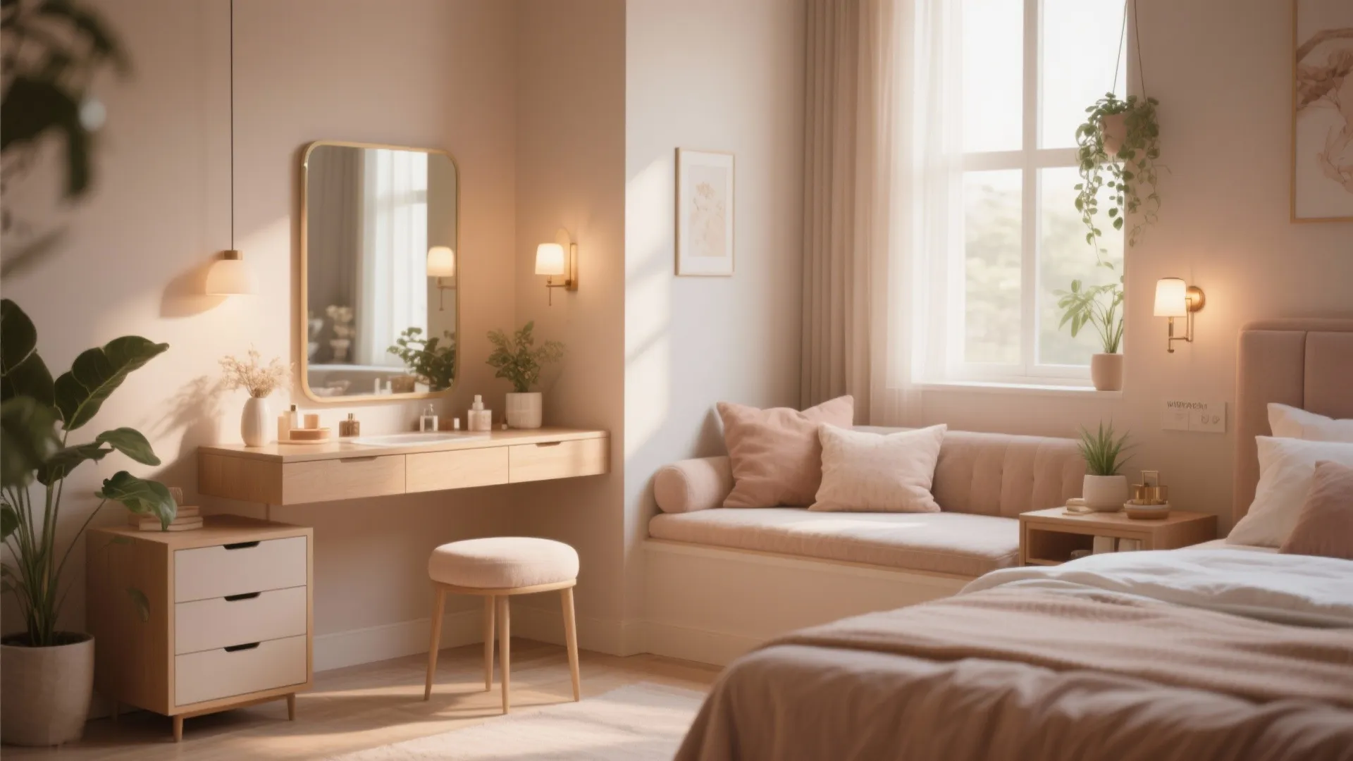 Cozy bedroom with wooden dressing table, small stool, window sofa, green plants, and warm wall lights