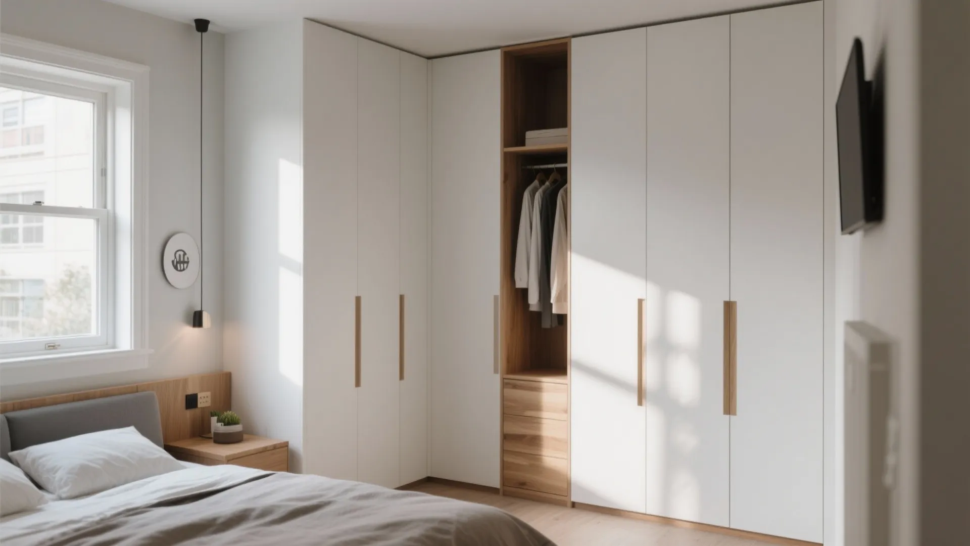 Modern white corner bedroom cabinet with wooden handles and open shelving for hanging various clothes