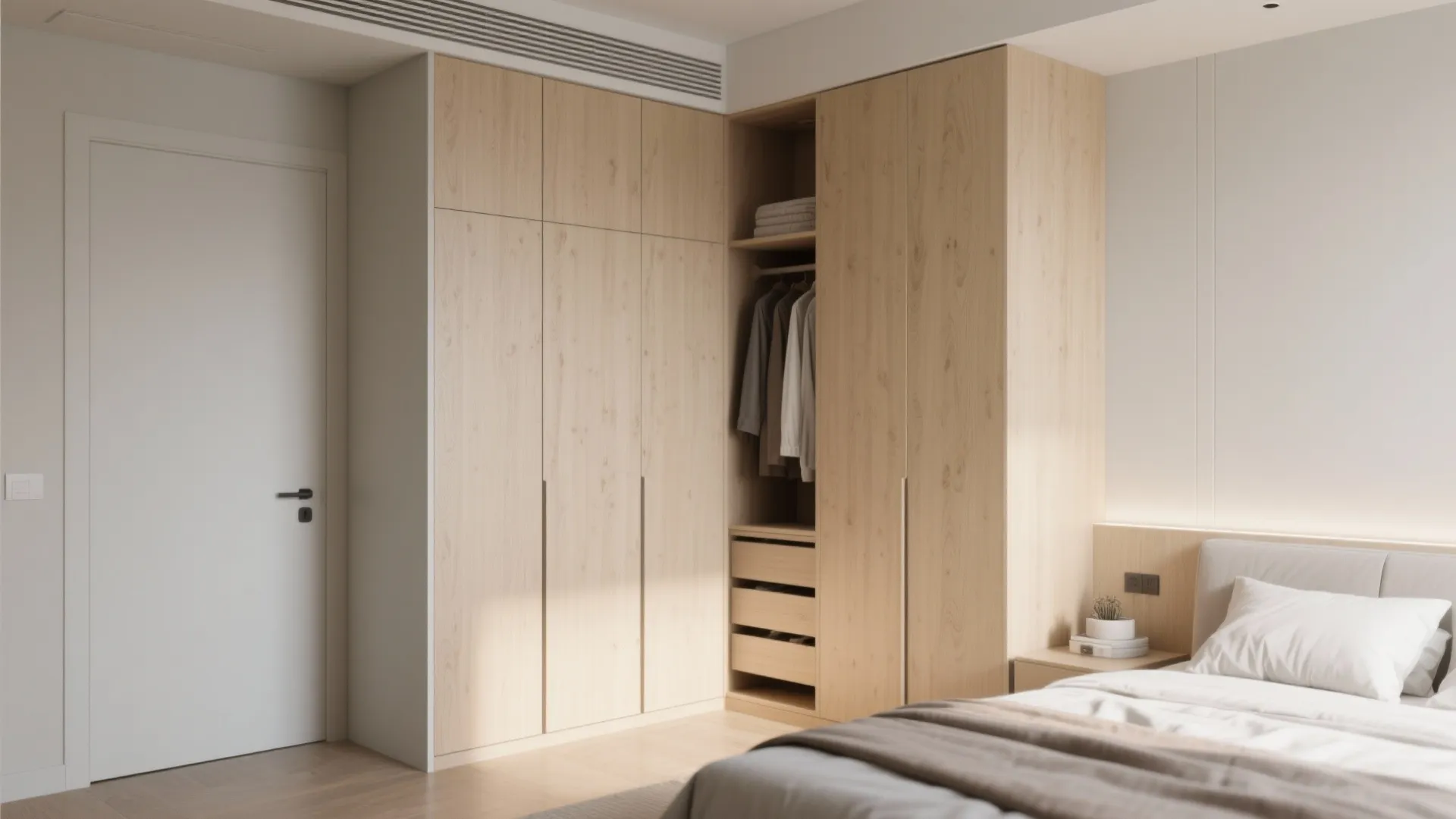 Large wooden corner cabinet with open shelves for hanging clothes next to a modern white bed