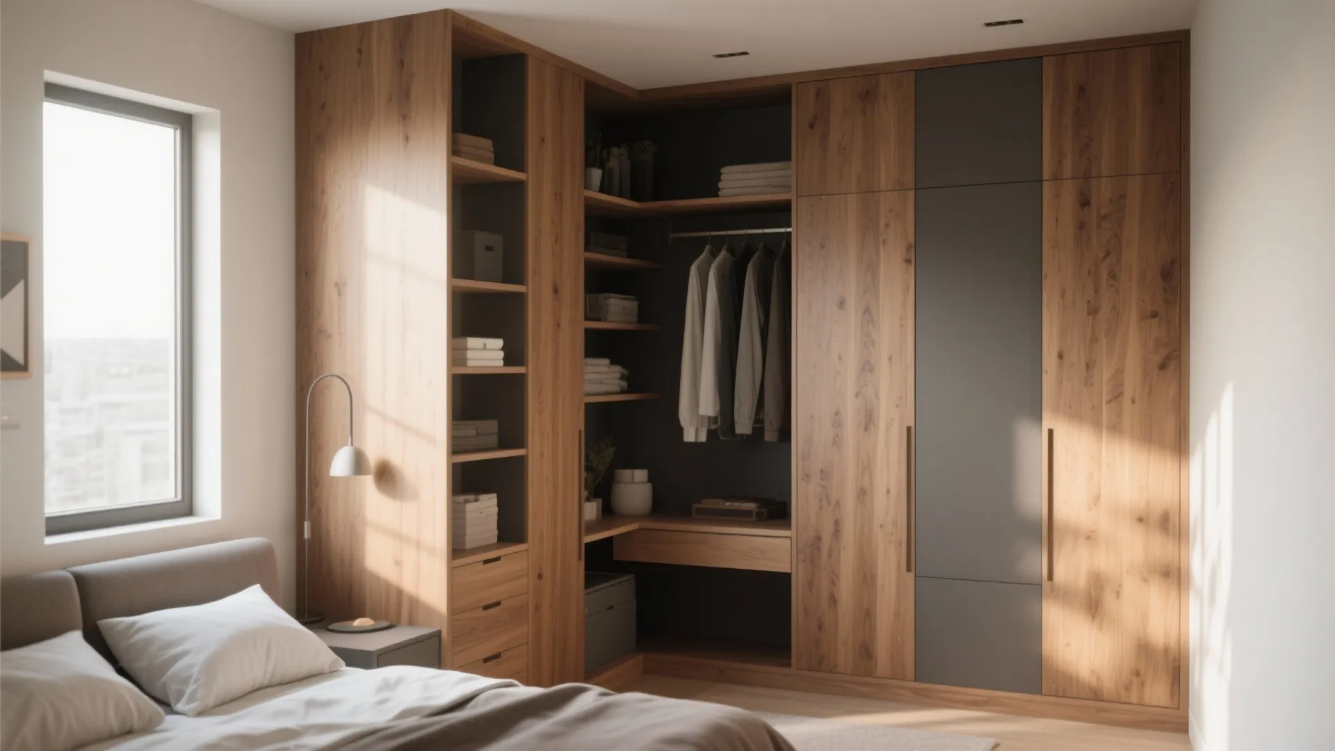 Modern wood corner wardrobe with open shelves and hanging space in a bright bedroom interior