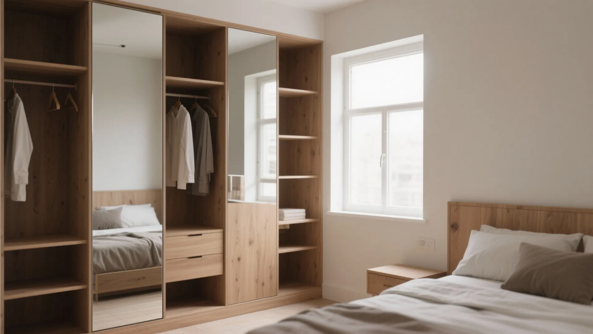 L-Shaped Corner Almirah with Strategic Mirror Placement